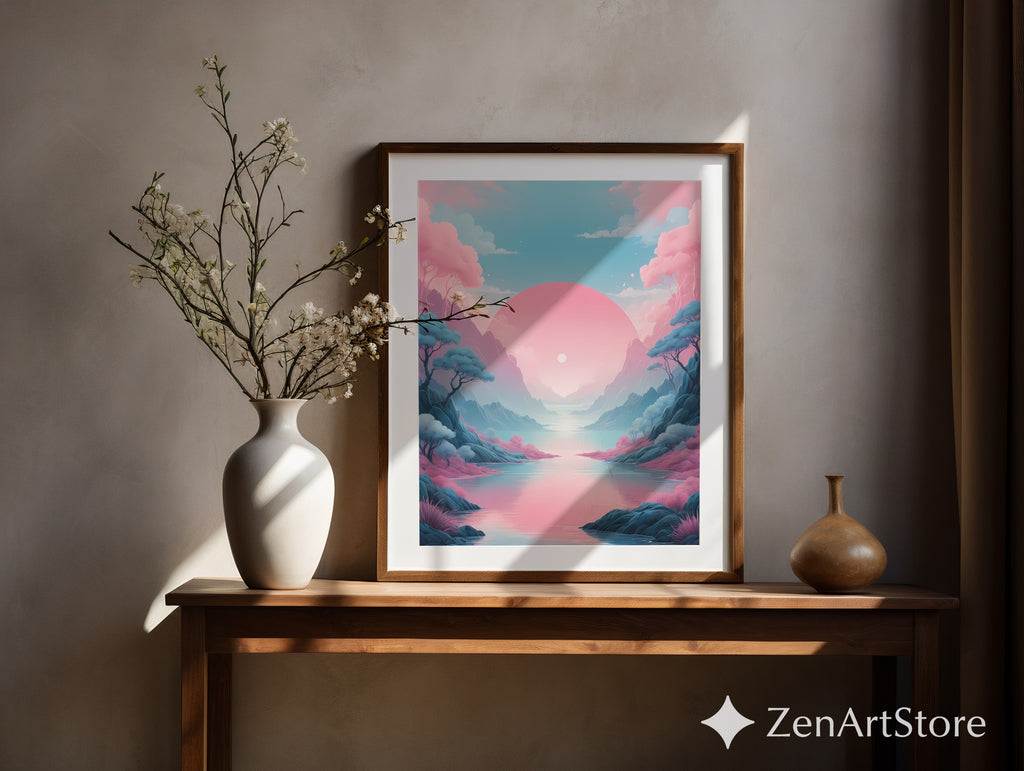Pastel Sunrise Landscape Wall Art - Pink & Blue Minimal Zen Print for Living Room, Bedroom Japandi Home Decor