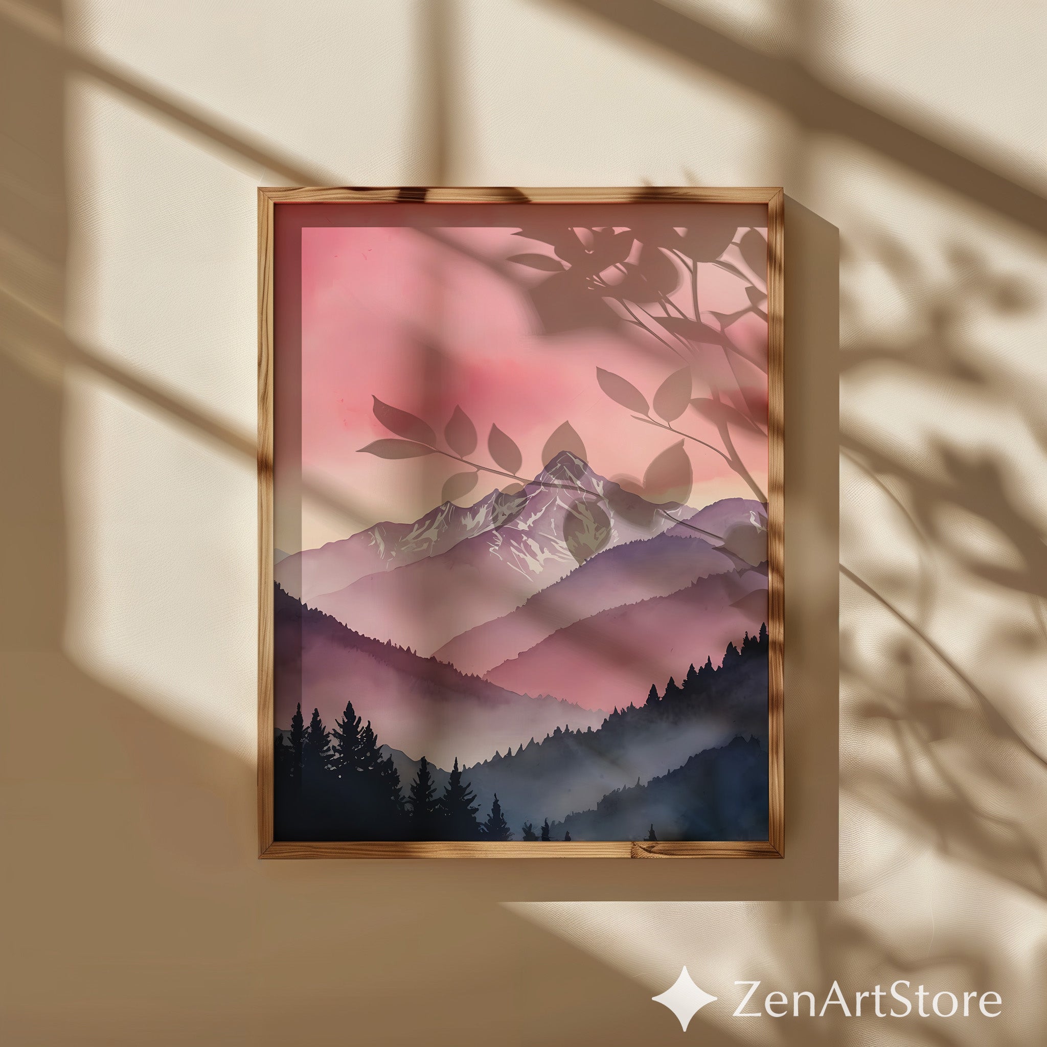 Pink Mountain Landscape Art Print - Minimal Watercolor Mountain Wall Art for Japandi & Scandinavian Home Decor
