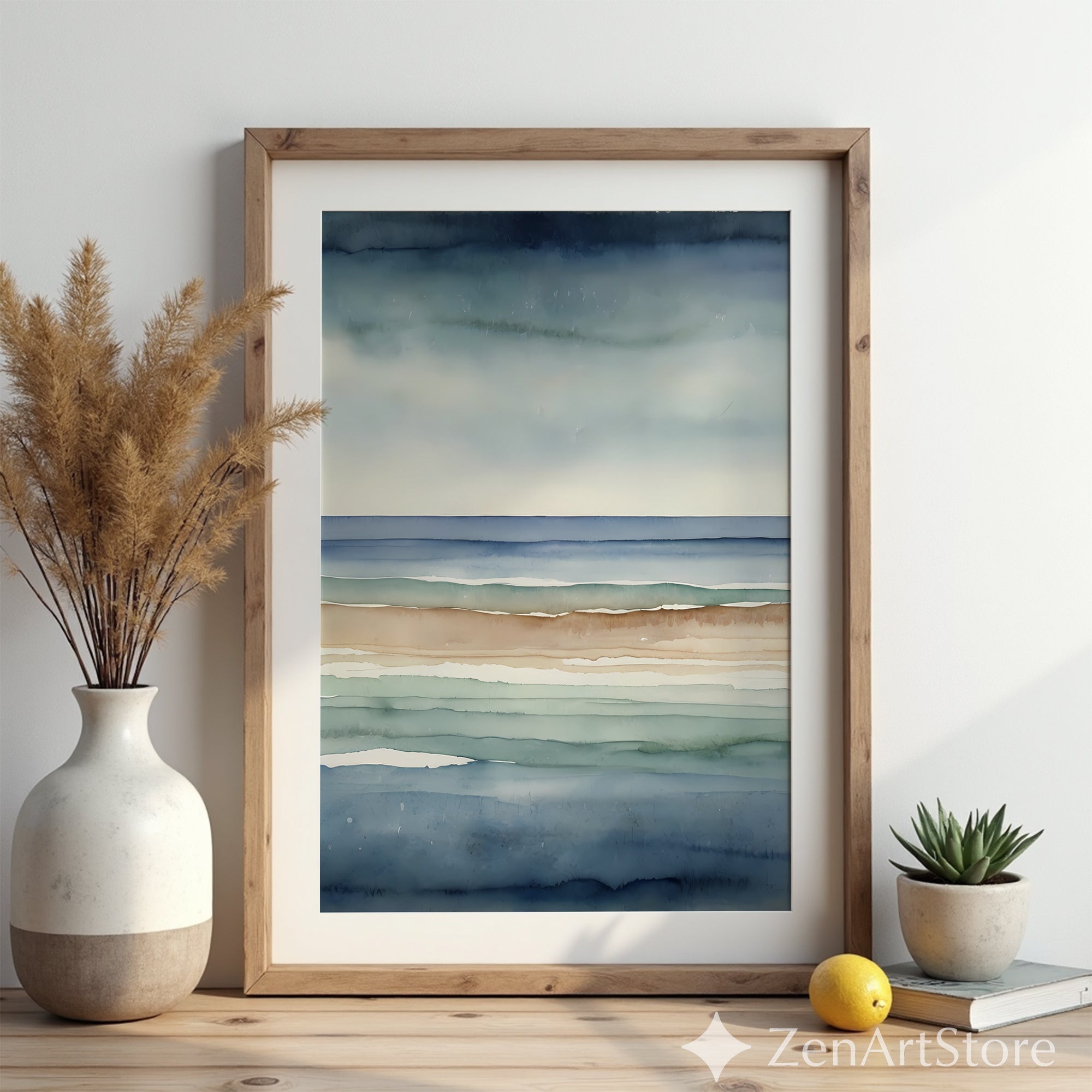 Abstract Coastal Watercolor Print Calm Blue Beige Seascape Minimal Japandi Wall Art Neutral Home Decor