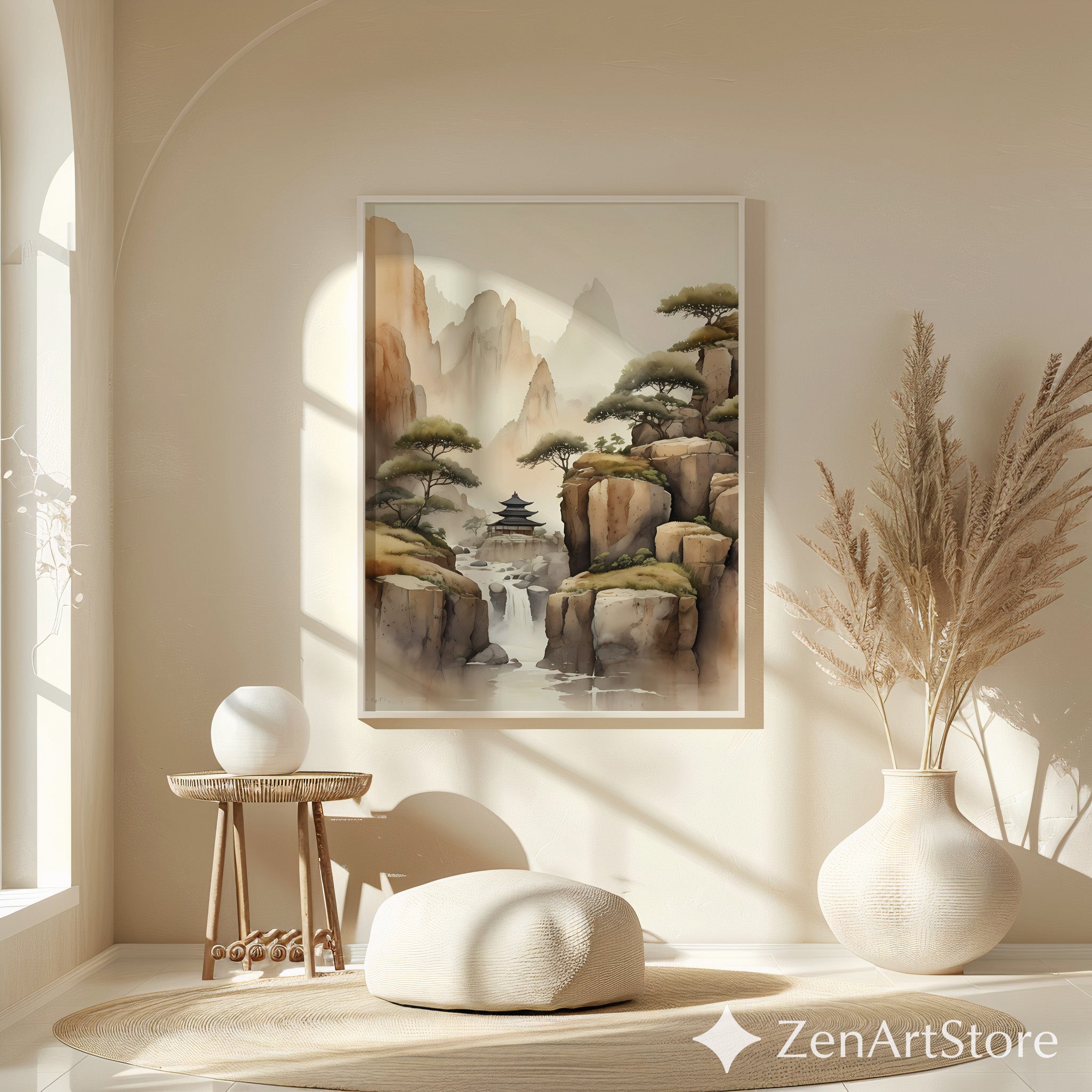 Misty Mountain Pagoda Art Print - Zen Japandi Landscape Wall Art, Neutral Beige Brown Waterfall Poster for Living Room
