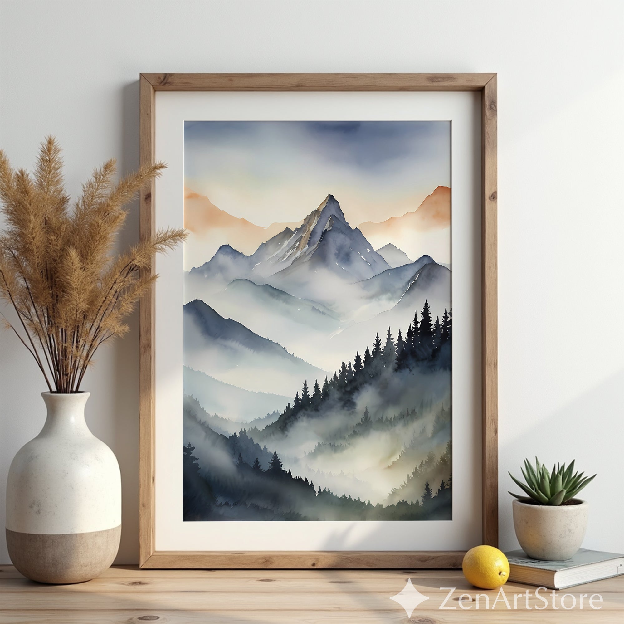 Misty Mountain Wall Art - Neutral Watercolor Landscape Print, Japandi Scandinavian Zen Home Decor, Modern Mountain Poster