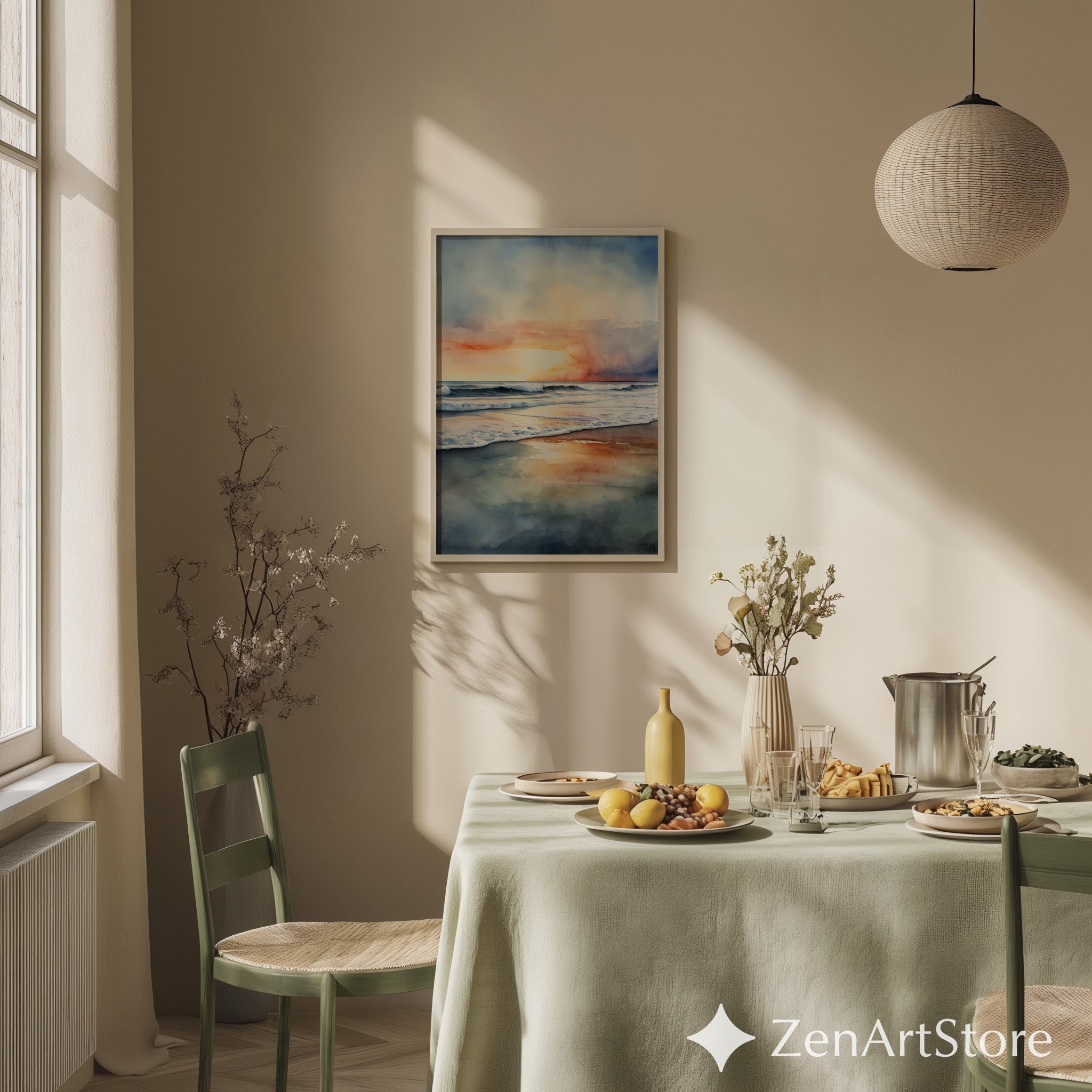 Watercolor Seascape Sunset Print - Calming Coastal Wall Art for Living Room, Bedroom, Minimal Japandi Beach Decor