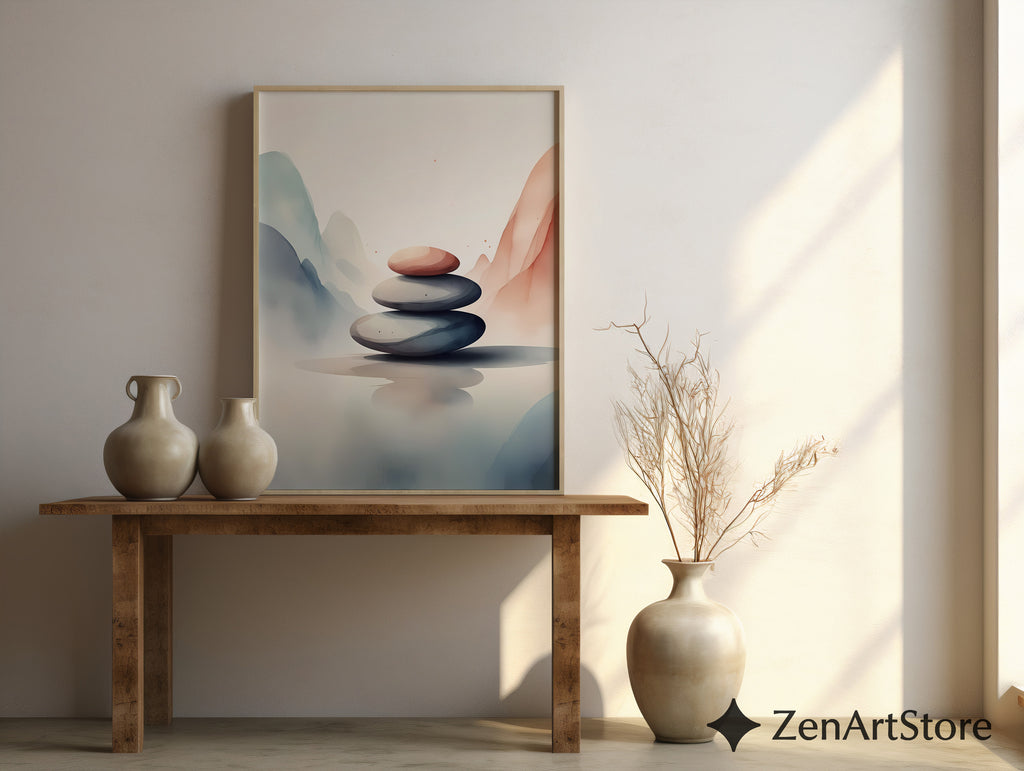 Zen Stone Stack Wall Art - Minimal Neutral Abstract Landscape Print, Japandi Wabi Sabi Home Decor