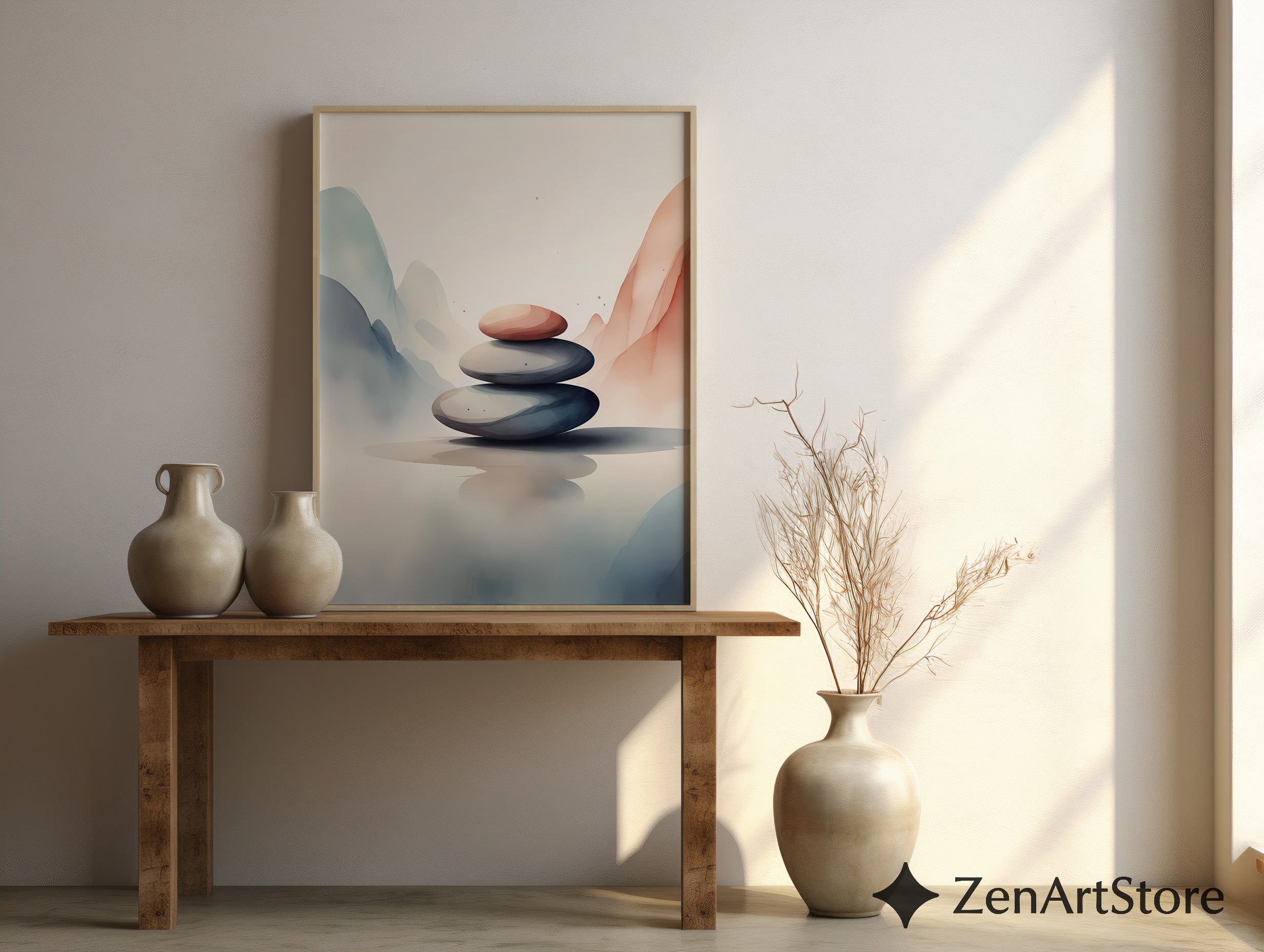 Zen Stone Stack Wall Art - Minimal Neutral Abstract Landscape Print, Japandi Wabi Sabi Home Decor