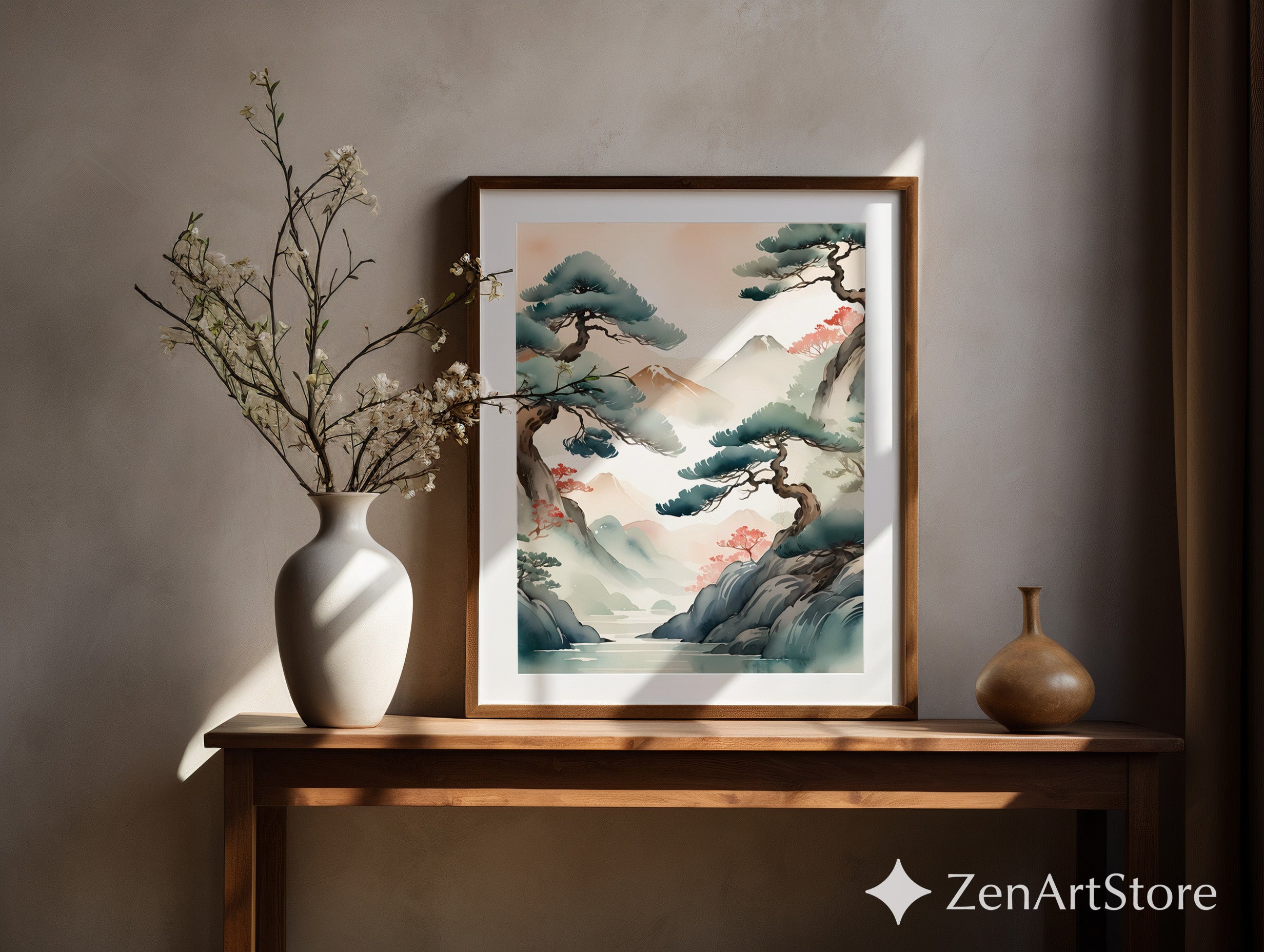 Serene Japandi Pine Landscape Wall Art - Zen Watercolor Mountain Print, Minimal Japanese Botanical Home Decor