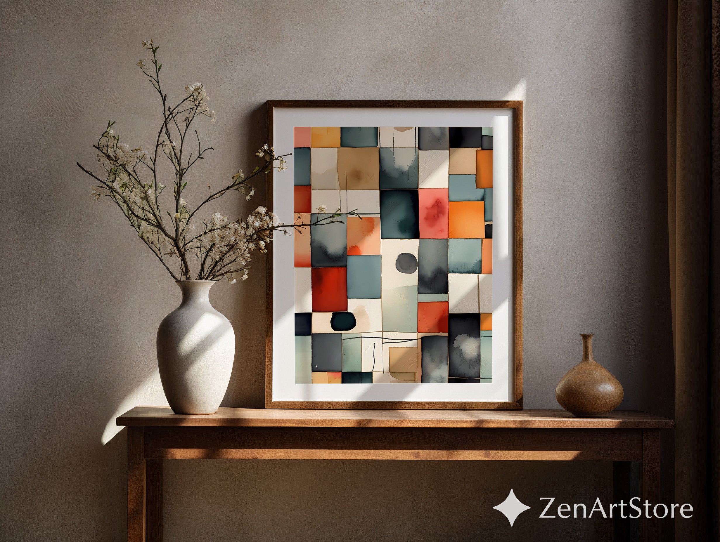 Abstract Watercolor Grid Wall Art - Modern Geometric Print in Teal Terracotta Beige - Japandi Scandinavian Minimal Home Decor