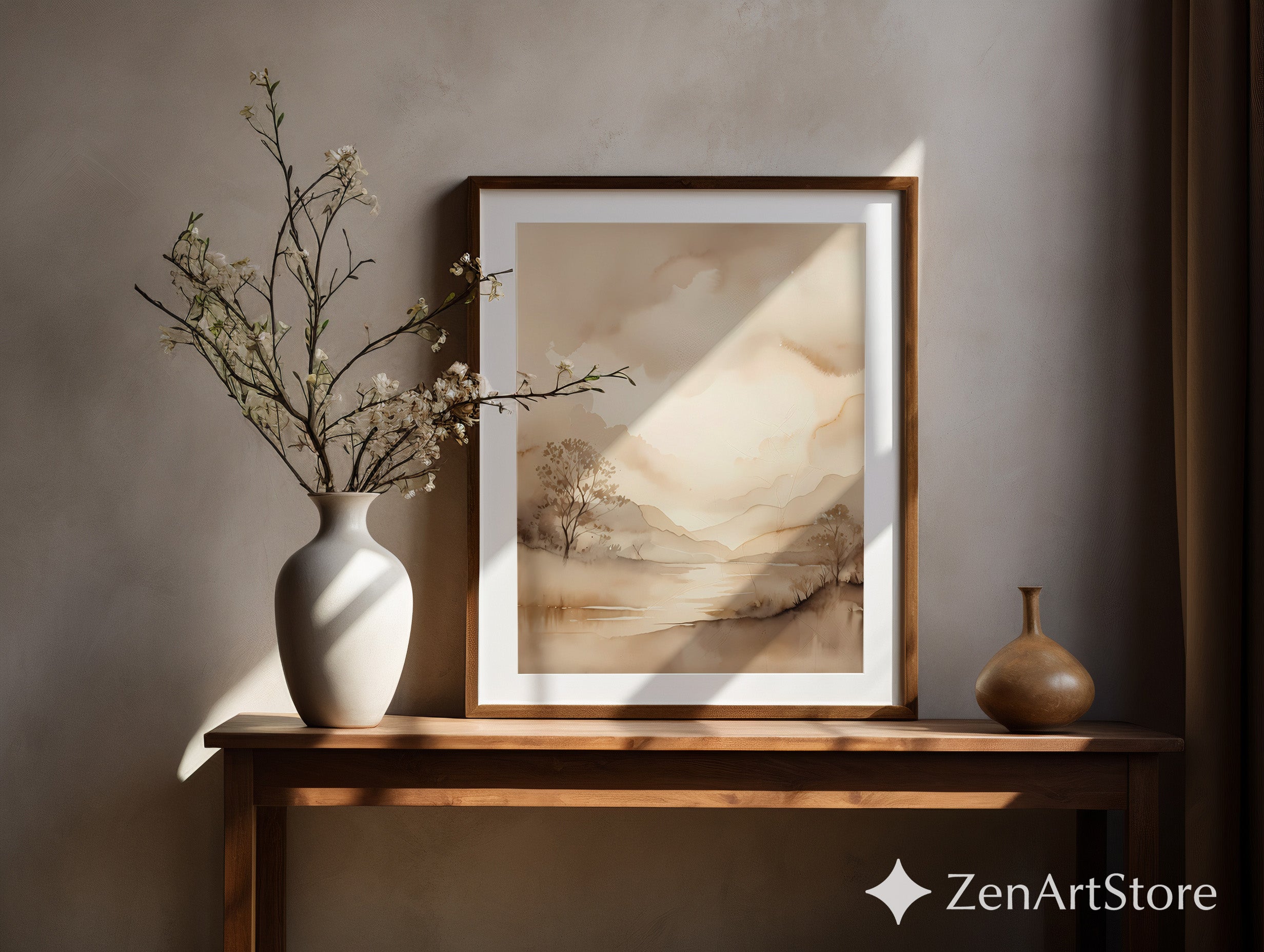 Sepia Watercolor Landscape Art Print - Minimal Neutral Lake & Mountain Wall Decor for Japandi, Scandinavian, Boho Home