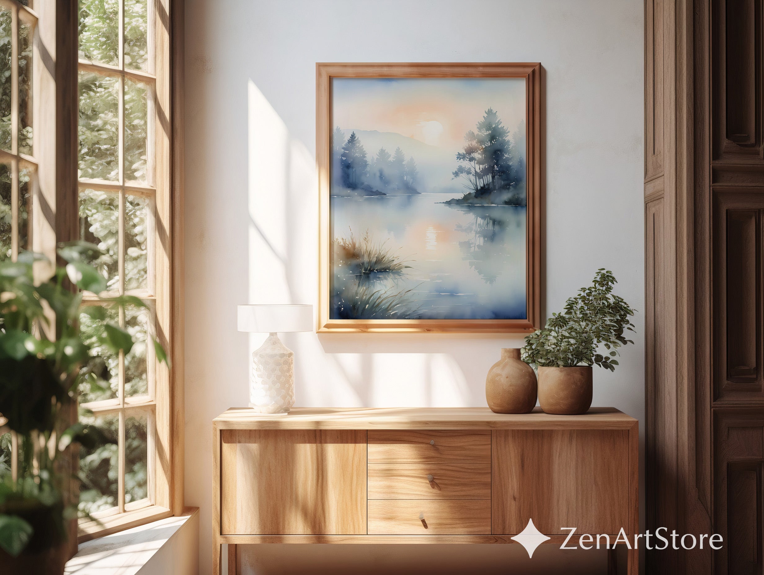 Misty Lake Sunrise Watercolor Print – Zen Minimal Landscape Wall Art, Japandi Neutral Home Decor, Calm Scandinavian Nature Poster