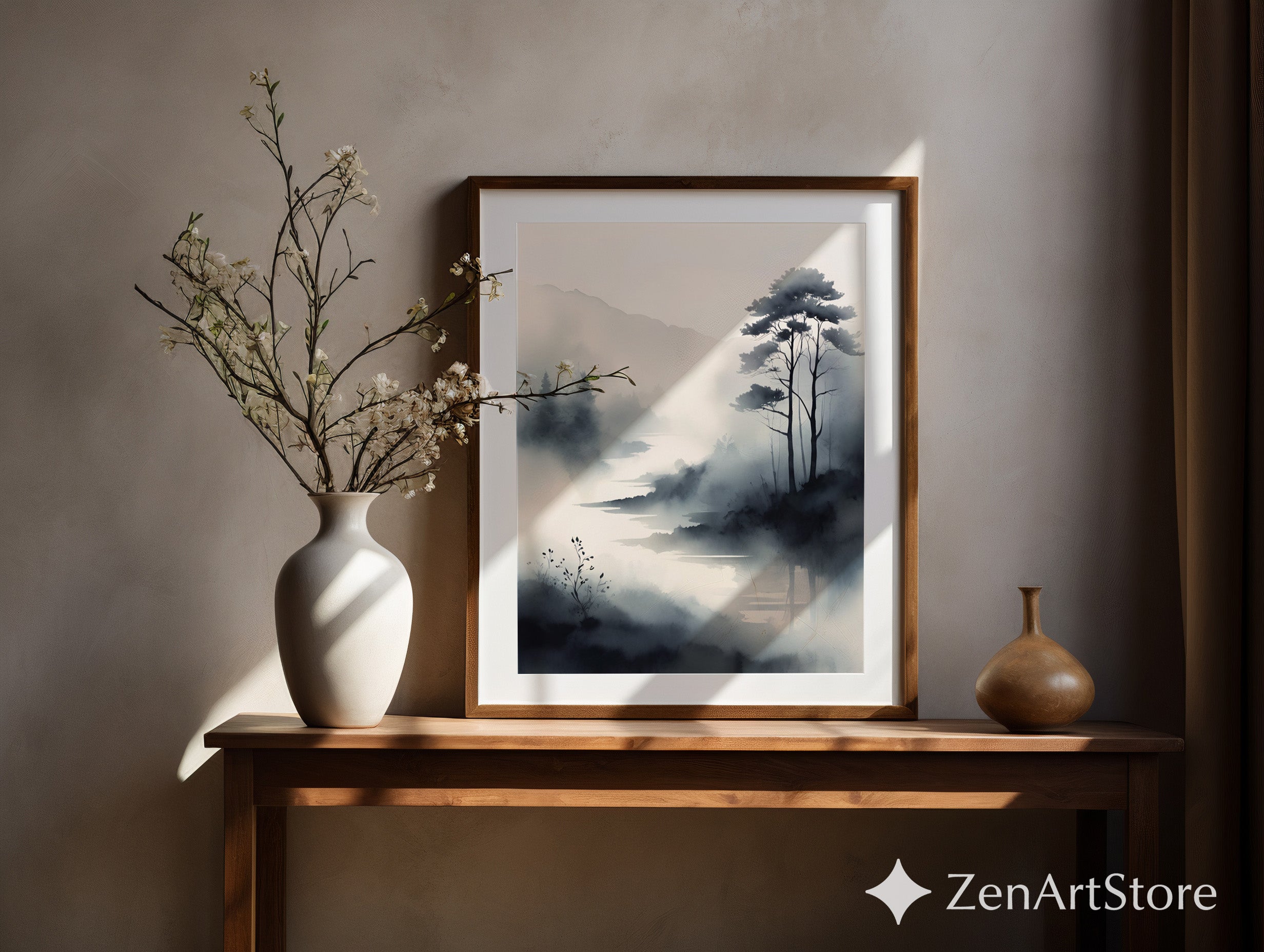 Misty River Landscape Print - Minimal Black & White Watercolor Wall Art, Zen Japandi Wabi Sabi Home Decor