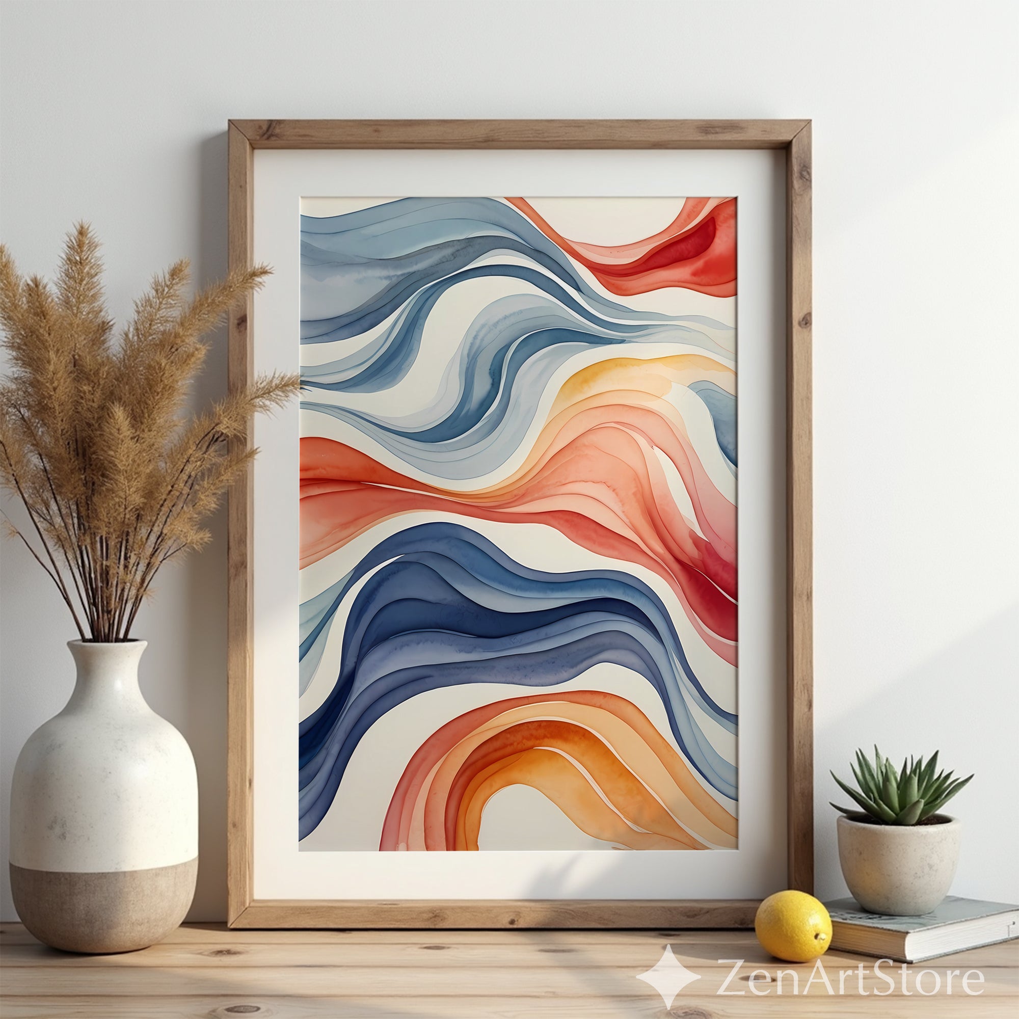 Abstract Wave Watercolor Print - Blue Coral Orange Modern Wall Art for Living Room, Minimal Home Decor