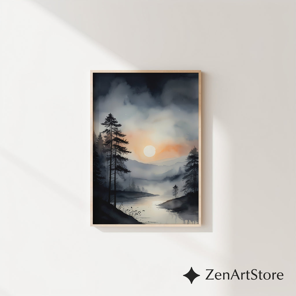 Misty Forest Sunrise Wall Art - Minimal Neutral Landscape Print, Japandi Wabi Sabi Lake Reflection for Living Room