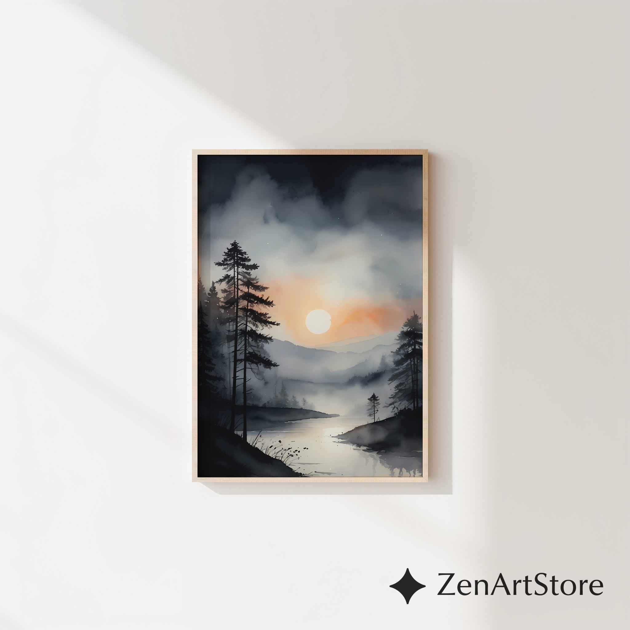 Misty Forest Sunrise Wall Art - Minimal Neutral Landscape Print, Japandi Wabi Sabi Lake Reflection for Living Room