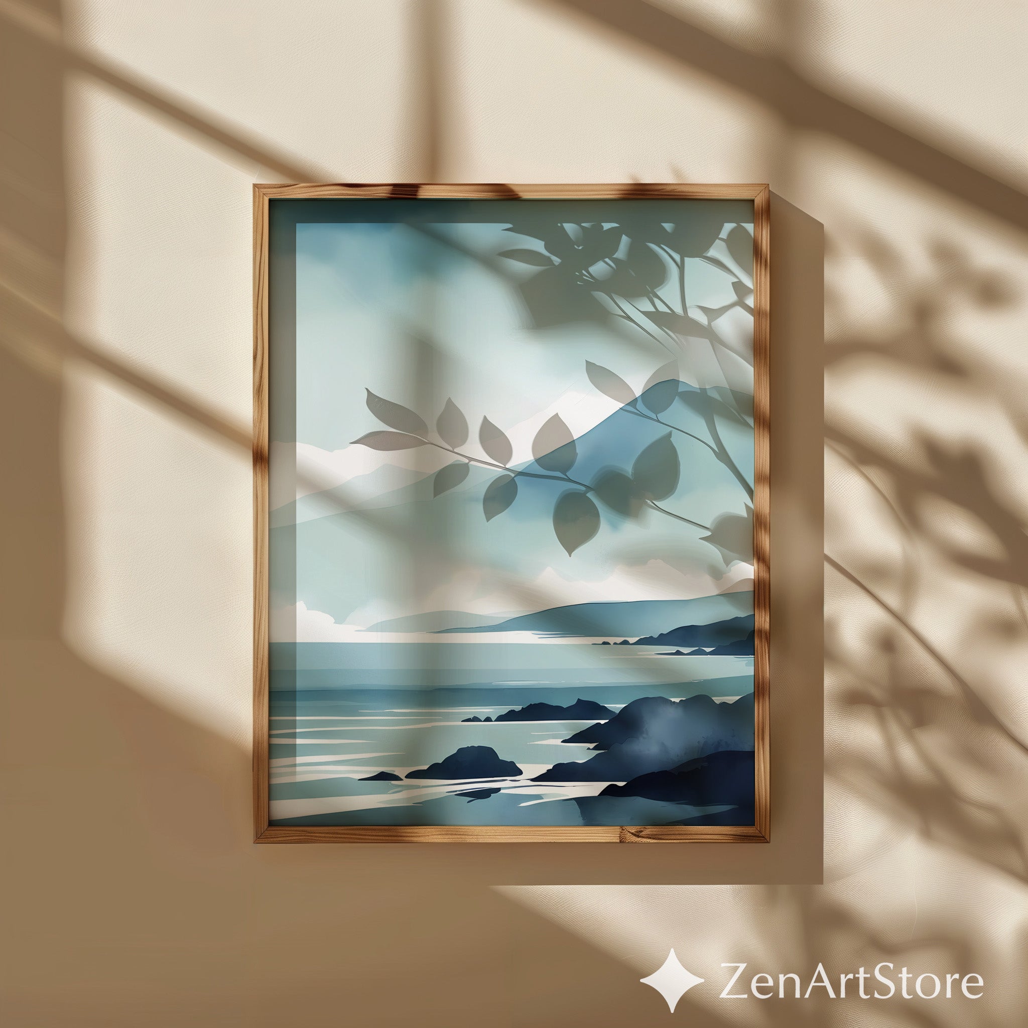 Minimal Blue Coastal Landscape Print - Serene Mountain Seascape Wall Art for Japandi & Scandinavian Homes