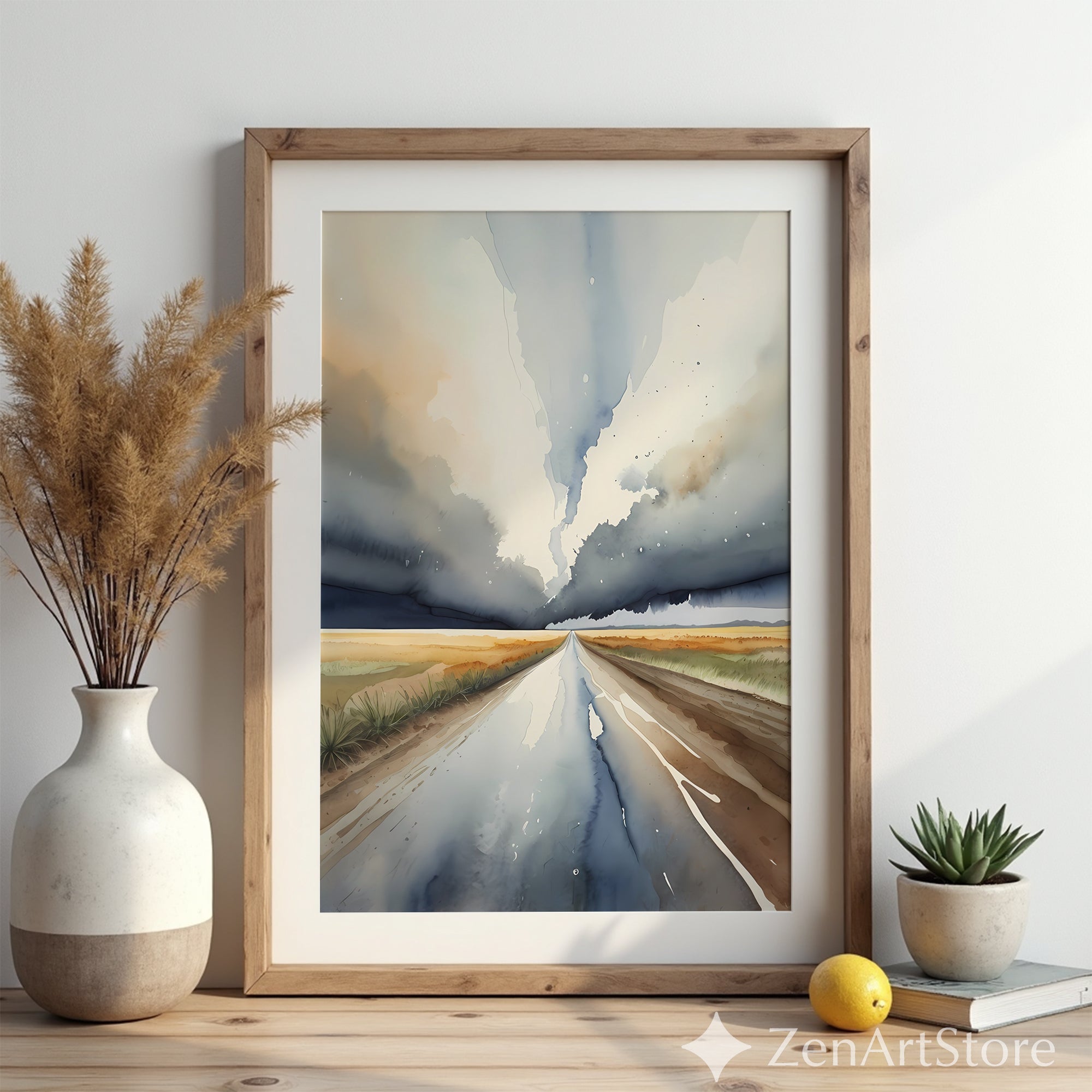 Dramatic Horizon Road Watercolor Print - Neutral Abstract Landscape Wall Art, Minimal Japandi Home Decor