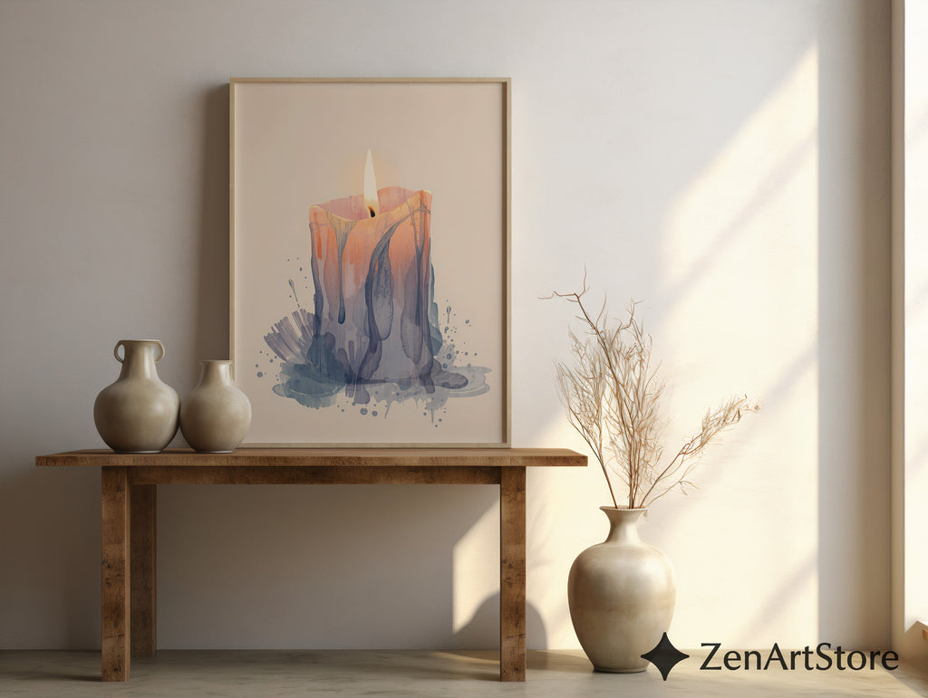 Melting Candle Minimal Art Print - Wabi Sabi Japandi Neutral Wall Decor, Beige Blue Abstract Candle Painting