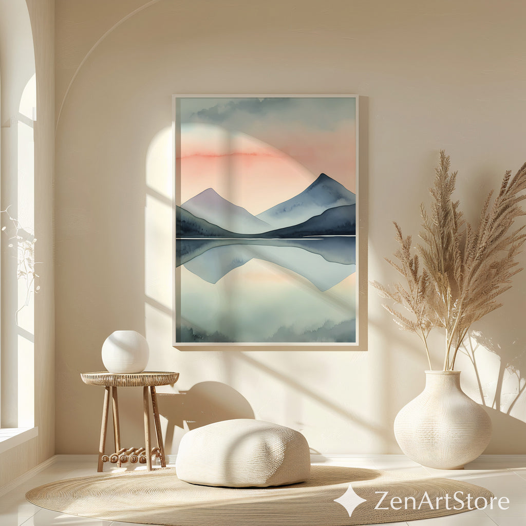 Minimal Mountain Watercolor Print - Pastel Sunset Reflection Zen Japandi Scandinavian Wall Art