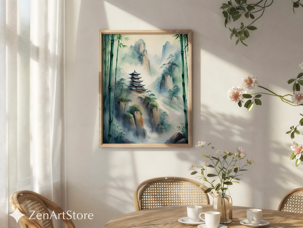 Misty Mountain Pagoda Wall Art - Zen Bamboo Landscape Print, Japandi Minimal Home Decor