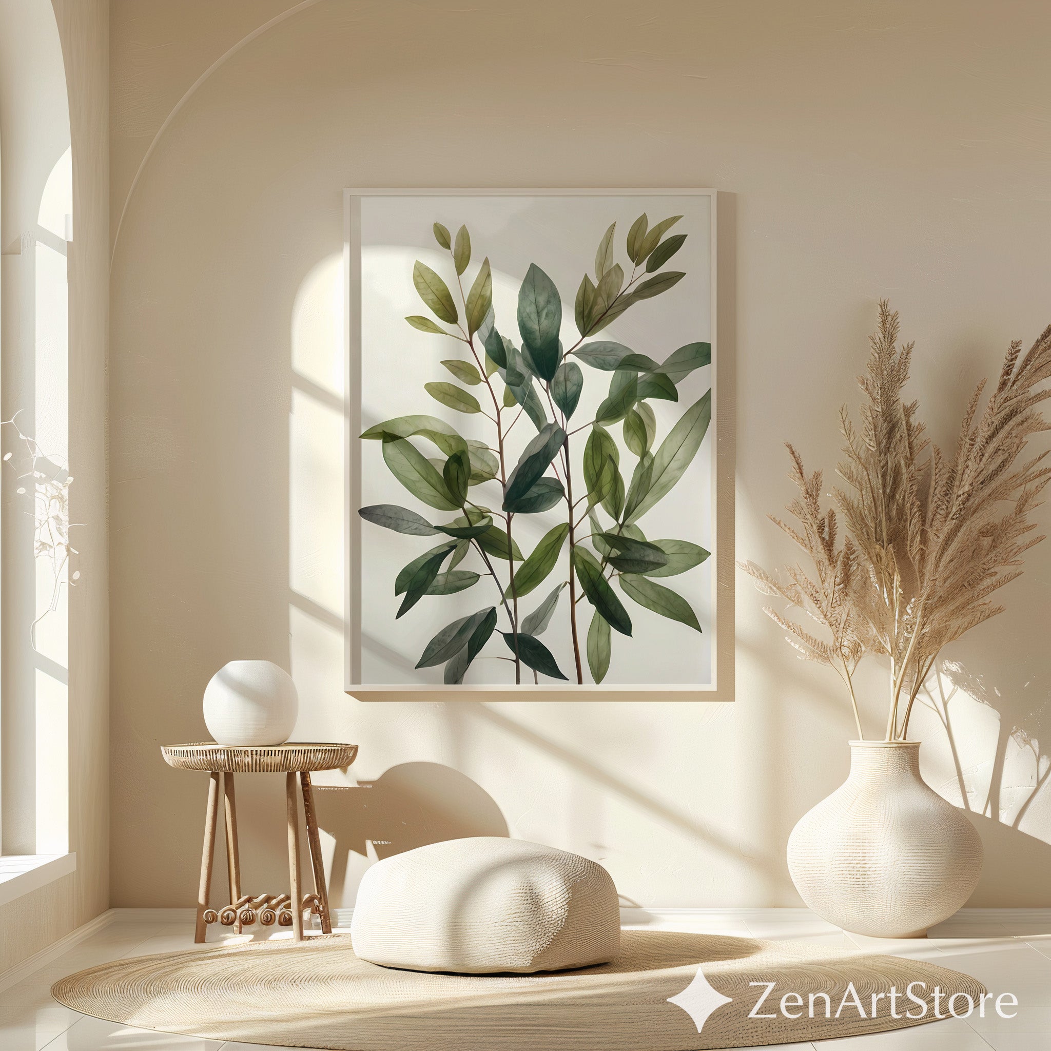 Minimal Green Leaves Botanical Wall Art - Modern Neutral Plant Print for Scandinavian Japandi Home Decor