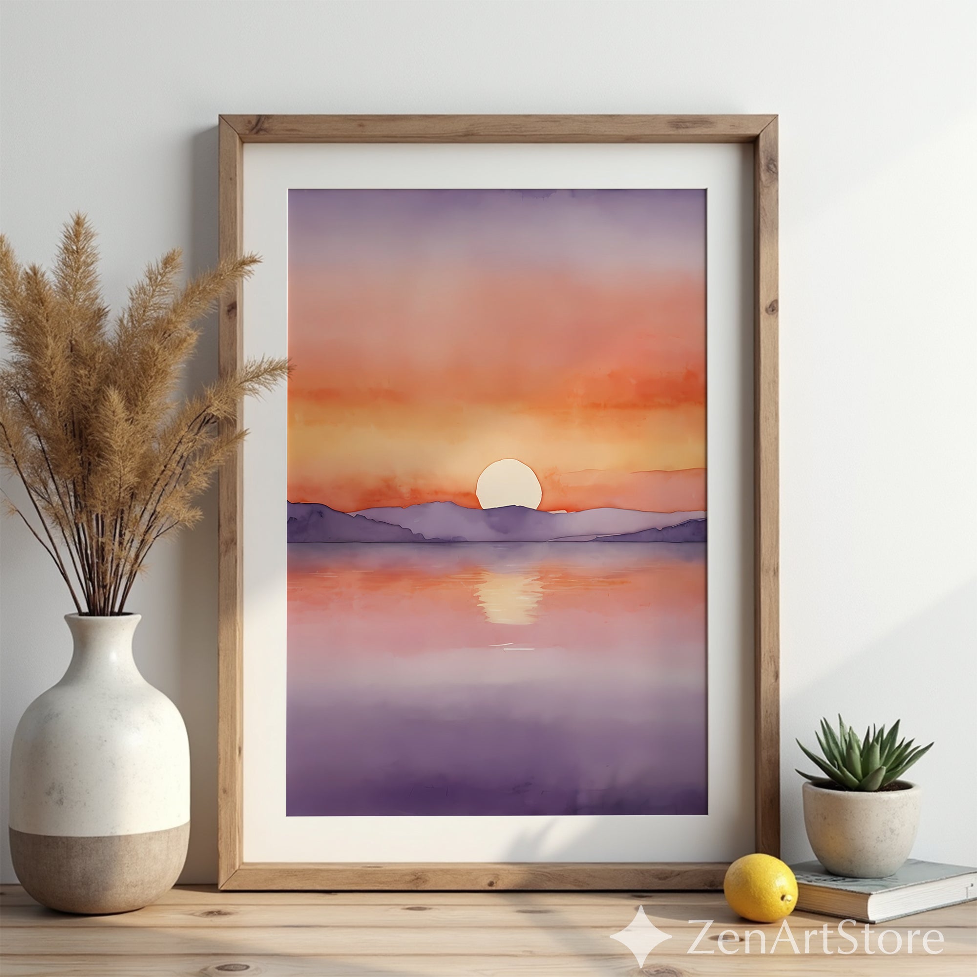 Sunset Watercolor Landscape Print - Minimal Sunrise Art for Japandi & Scandinavian Calming Wall Decor