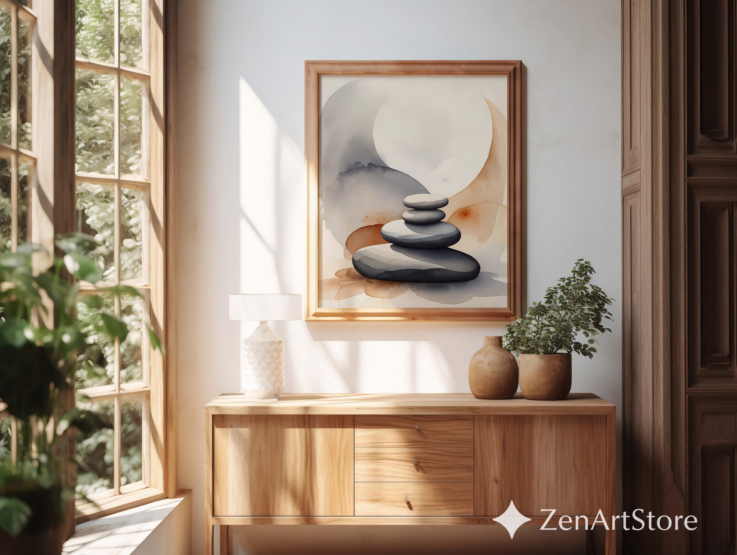 Zen Stacked Stones Print - Neutral Watercolor Minimal Art, Japandi Scandi Calm Wall Decor for Living Room Bedroom Spa