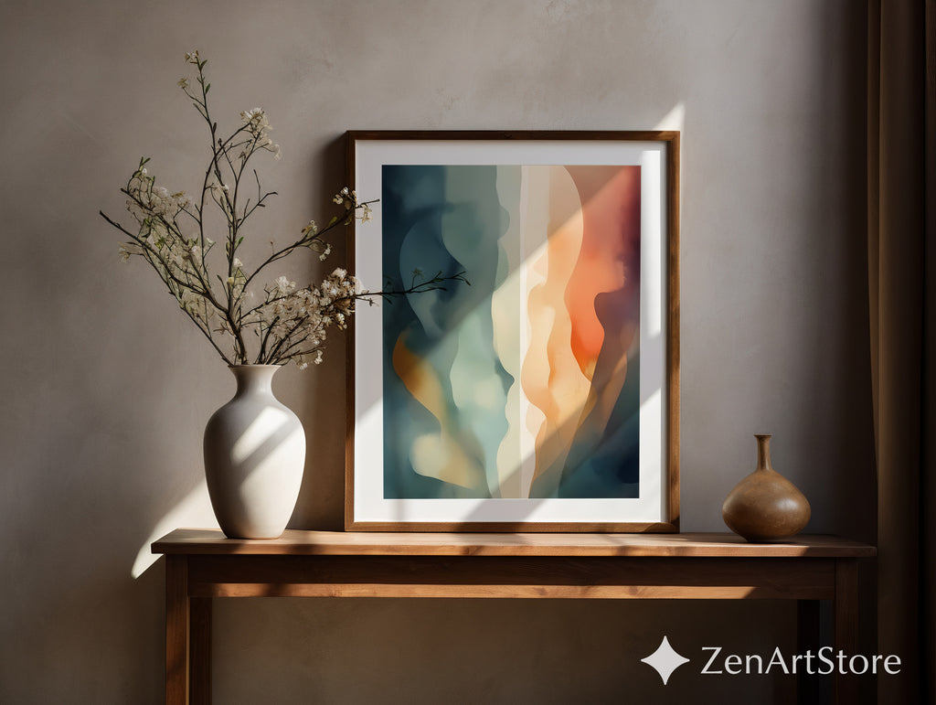 Abstract Fluid Wall Art Print - Calm Teal, Beige & Orange Minimalist Modern Home Decor, Japandi Wabi Sabi