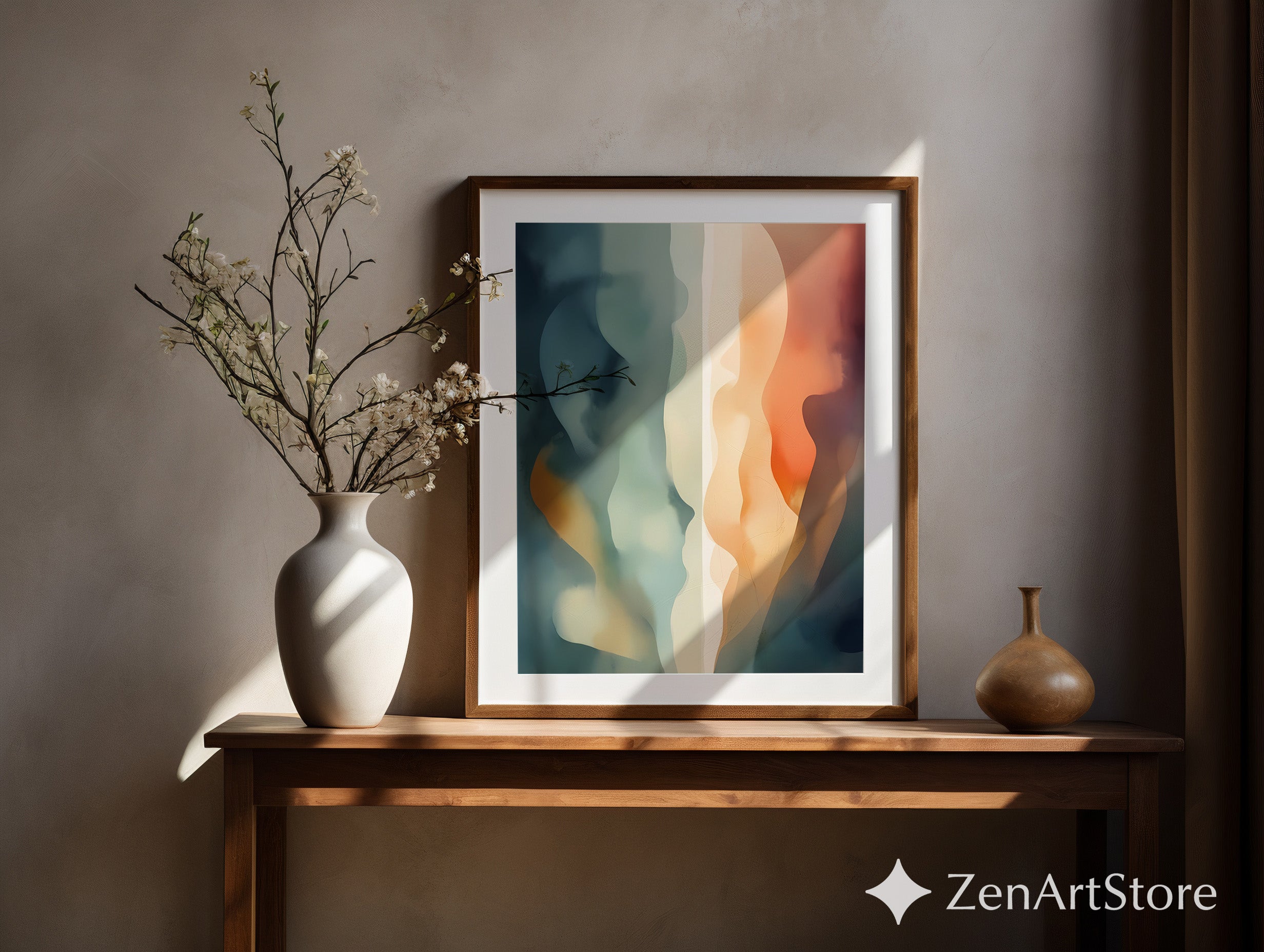 Abstract Fluid Wall Art Print - Calm Teal, Beige & Orange Minimalist Modern Home Decor, Japandi Wabi Sabi