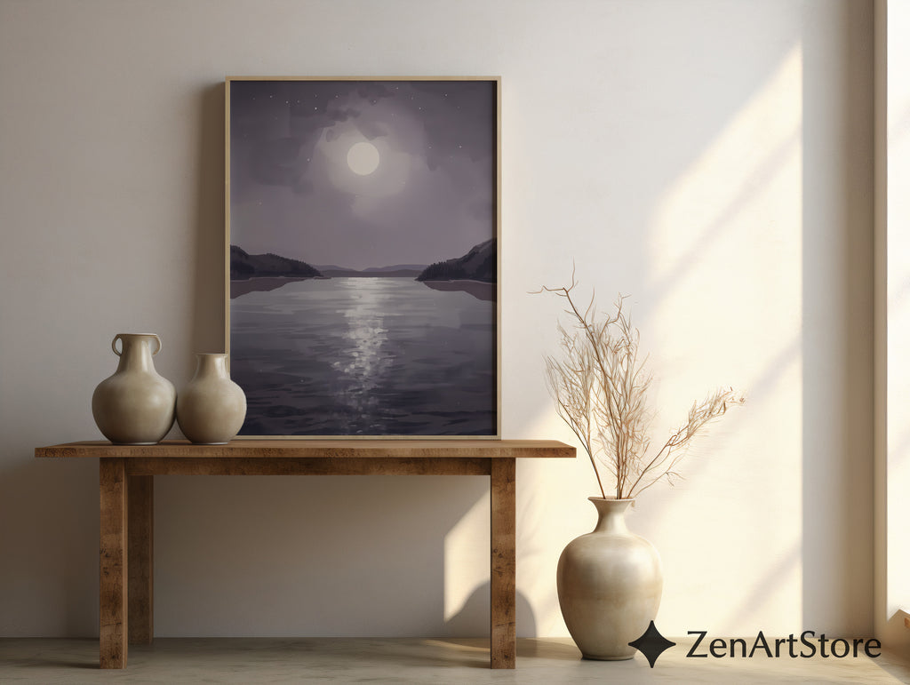 Moonlit Lake Minimalist Wall Art - Calming Neutral Landscape Print for Bedroom, Living Room, Japandi & Scandinavian Decor