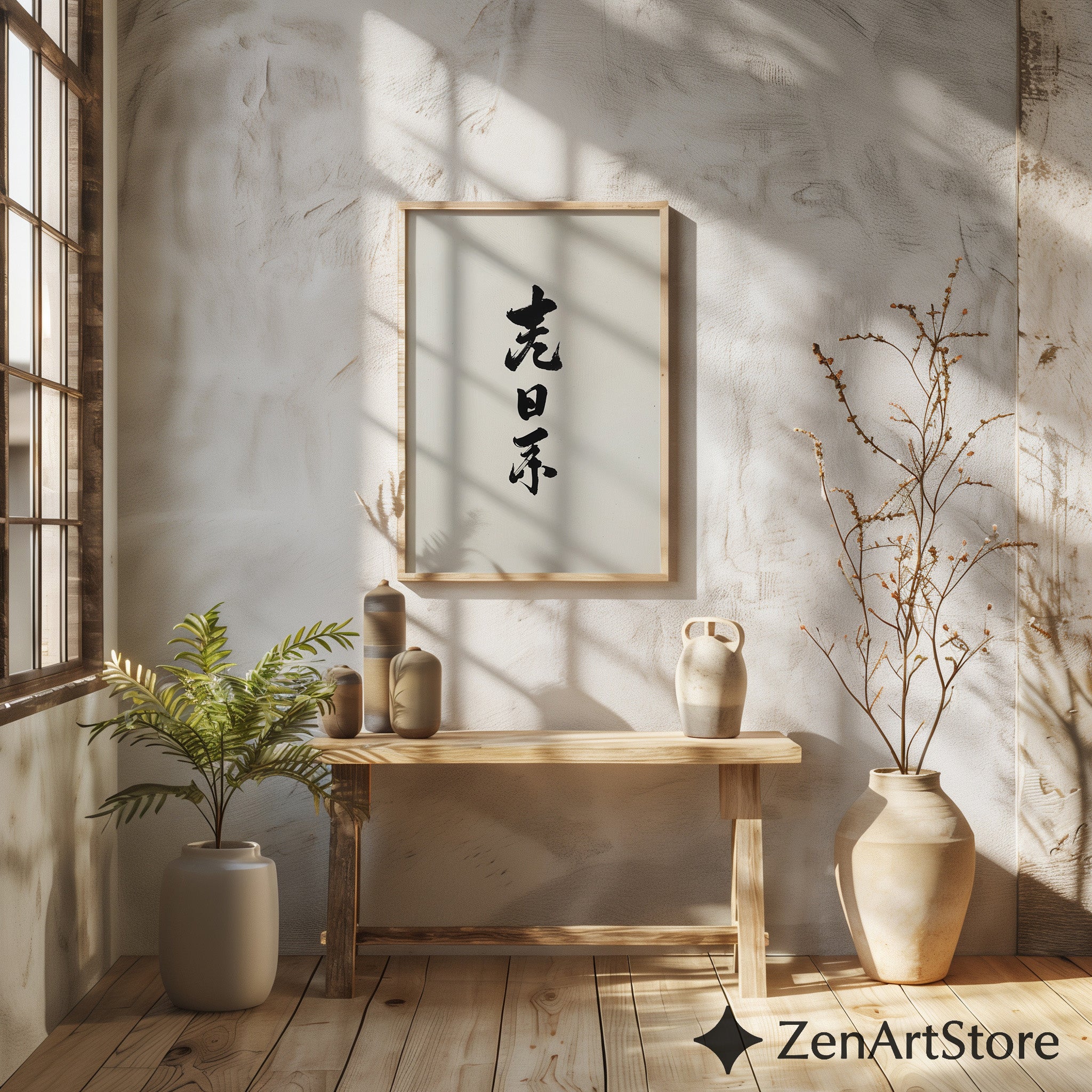 Minimal Japanese Calligraphy Print - Sumi Ink Vertical Wall Art, Japandi Zen Home Decor, Neutral Black & White Abstract Calligraphy