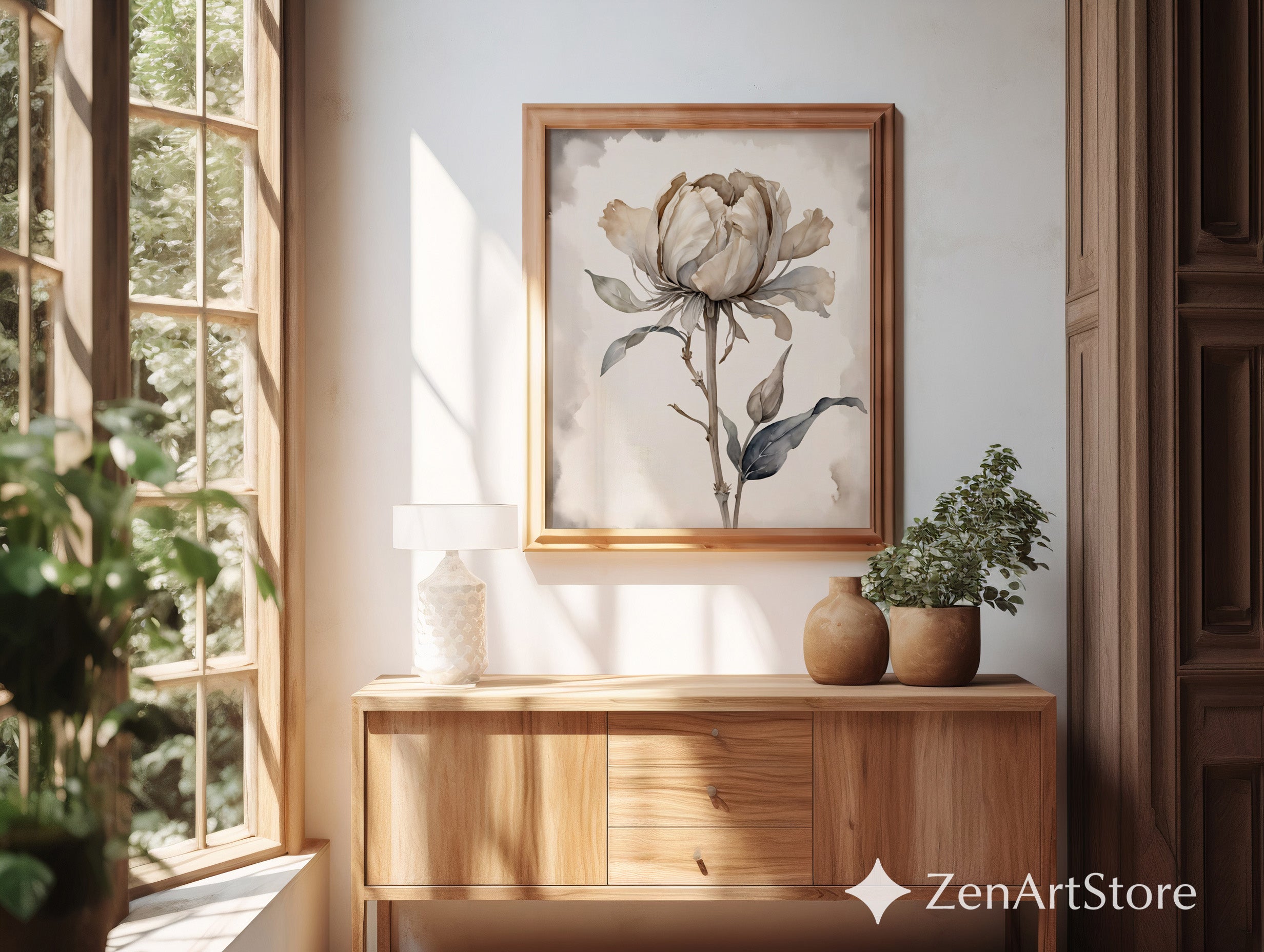 Neutral Peony Wall Art - Beige Botanical Watercolor Print, Japandi Minimal Flower Poster for Living Room & Bedroom