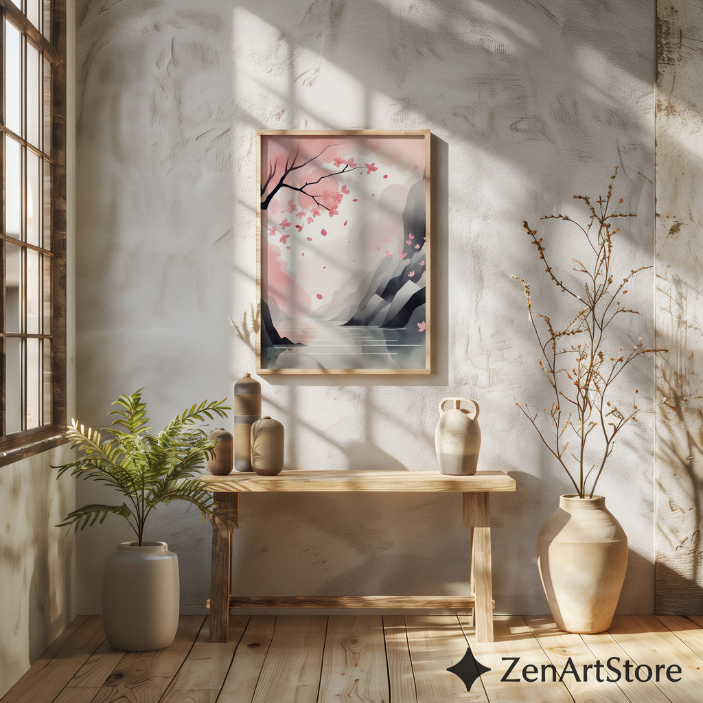 Cherry Blossom Landscape Print - Minimal Sakura Wall Art Pastel Pink Japandi Zen Print for Living Room Bedroom Nursery