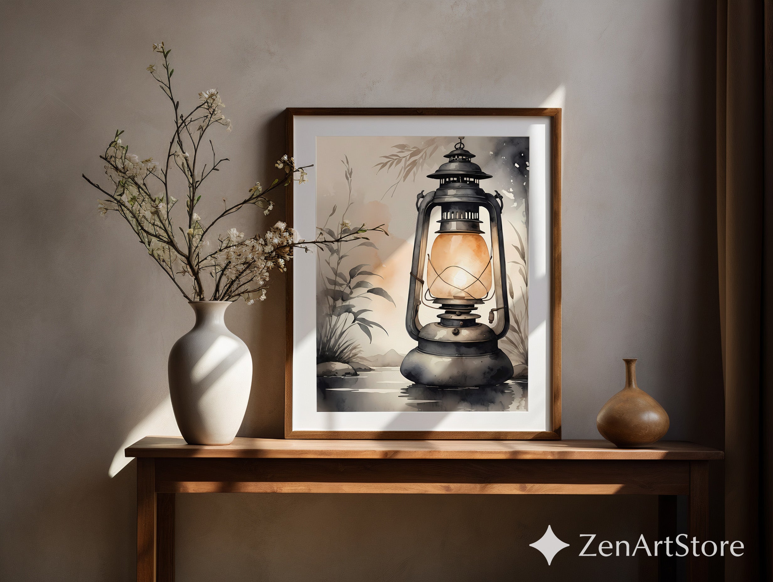 Vintage Lantern Wall Art - Neutral Japandi Wabi Sabi Lantern Illustration, Cozy Minimalist Home Decor Print
