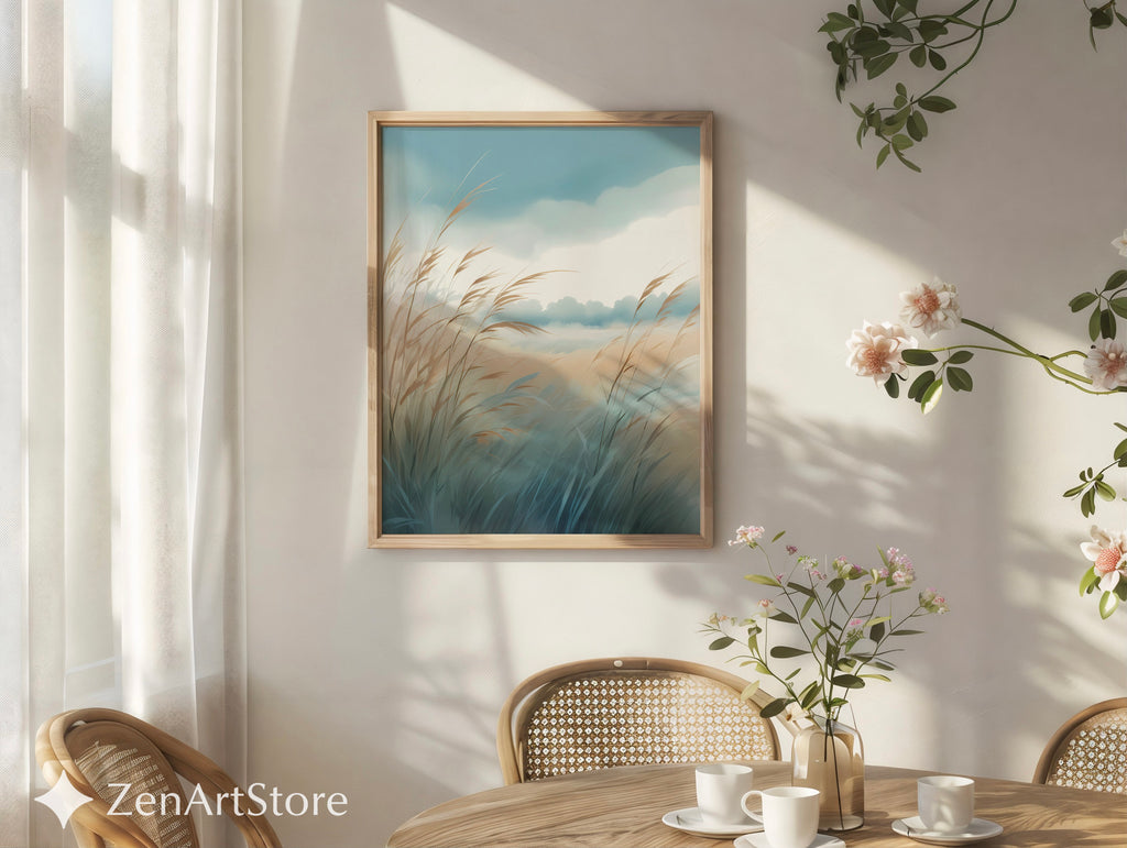 Serene Coastal Grass Landscape Print – Minimal Pastel Botanical Wall Art, Neutral Zen Decor for Living Room, Bedroom, Japandi & Boho Interiors