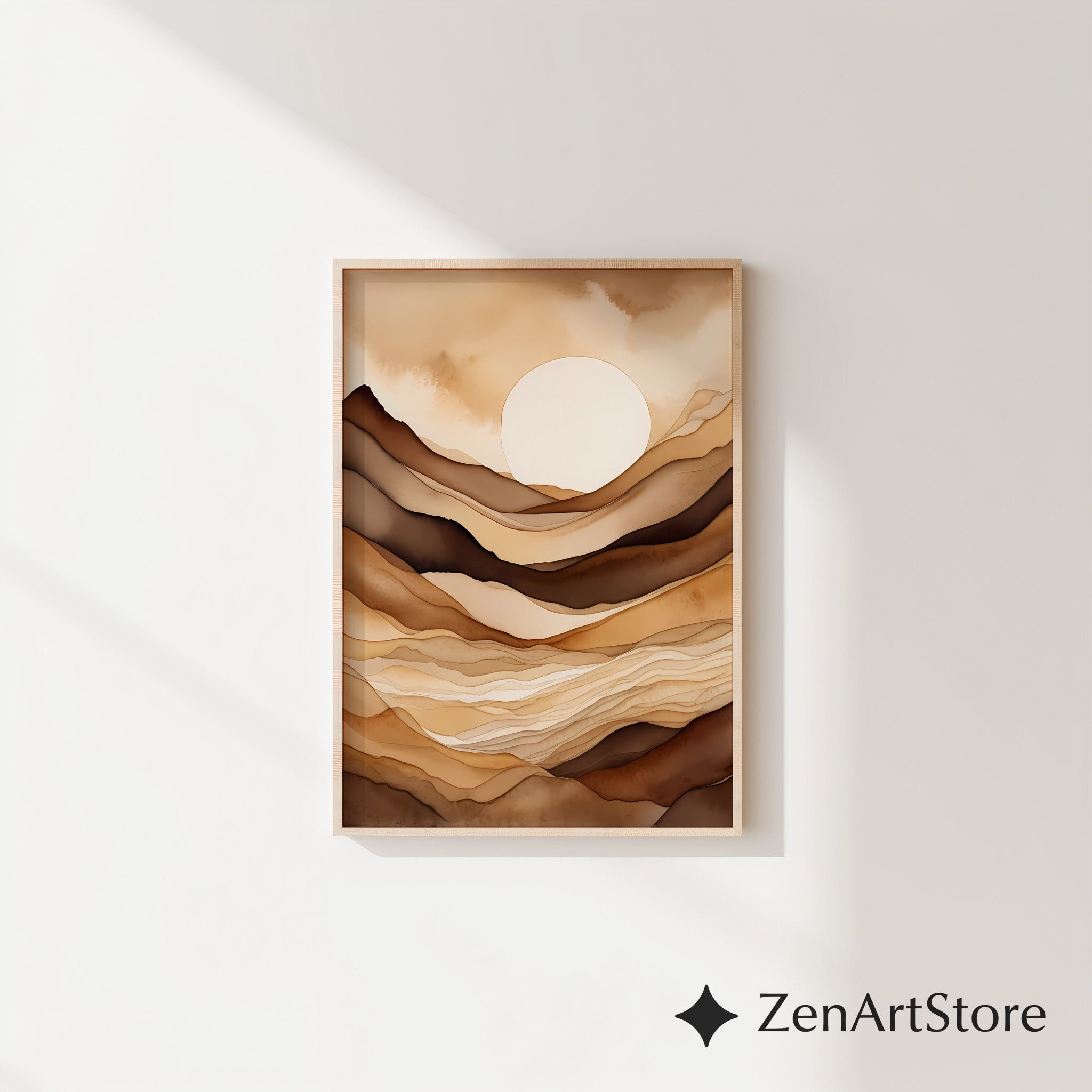 Neutral Abstract Landscape Wall Art - Beige Brown Minimalist Sun Print, Japandi Wabi Sabi Modern Home Decor, Printable or Canvas