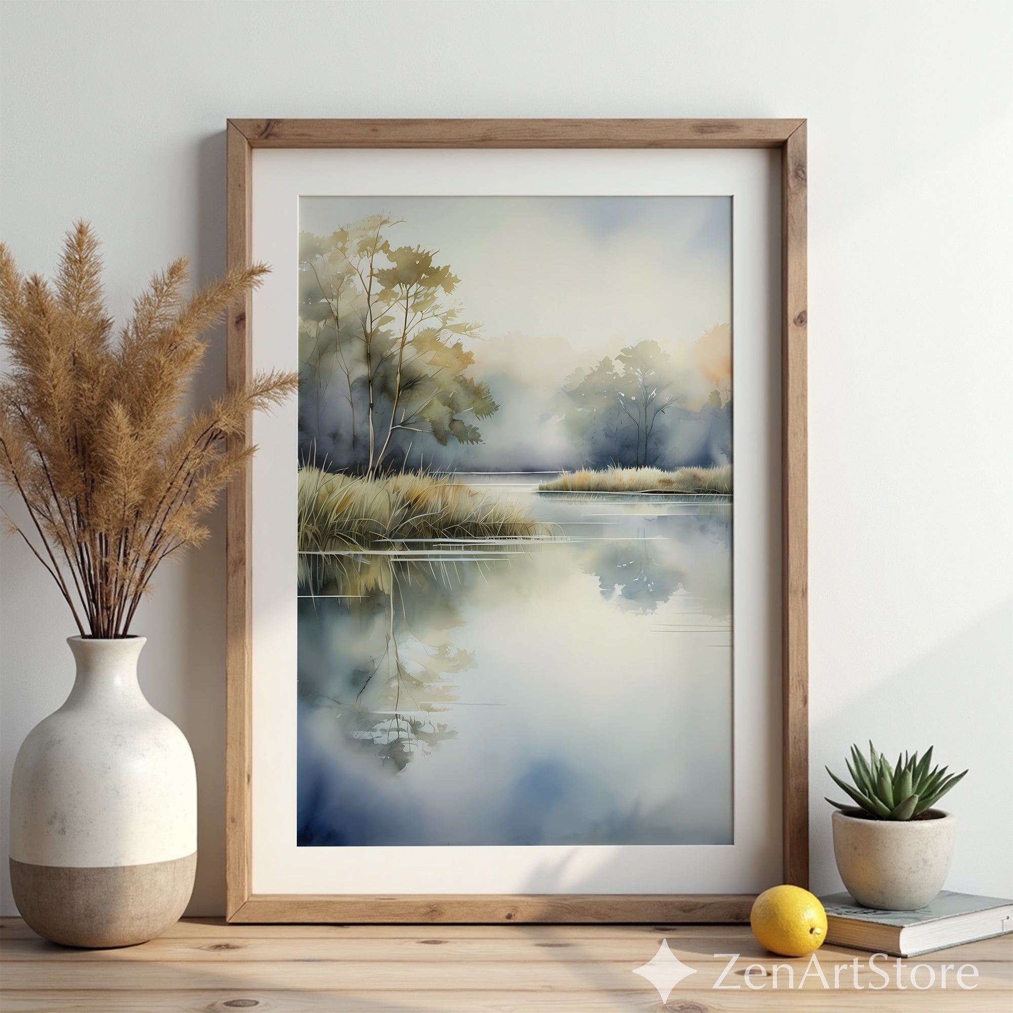 Misty Lake Watercolor Print — Serene Neutral Landscape Wall Art, Vertical Japandi Zen Minimalist Decor for Living Room & Bedroom