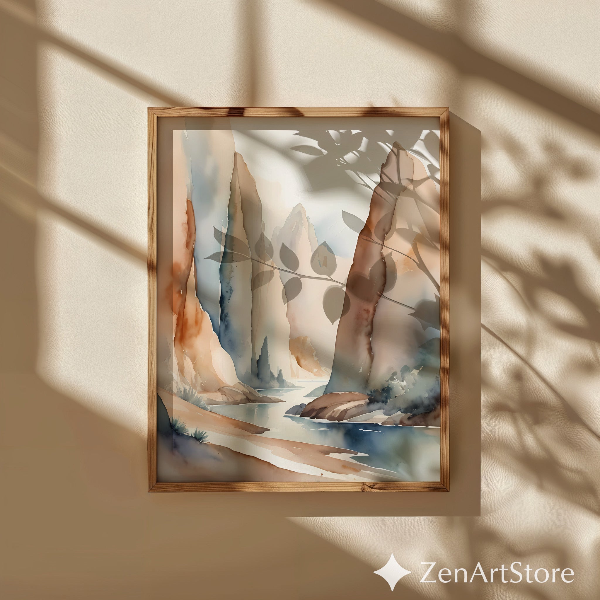 Neutral Watercolor Mountain Landscape Print Calm Zen Abstract River Art for Japandi Scandinavian Minimal Home Decor