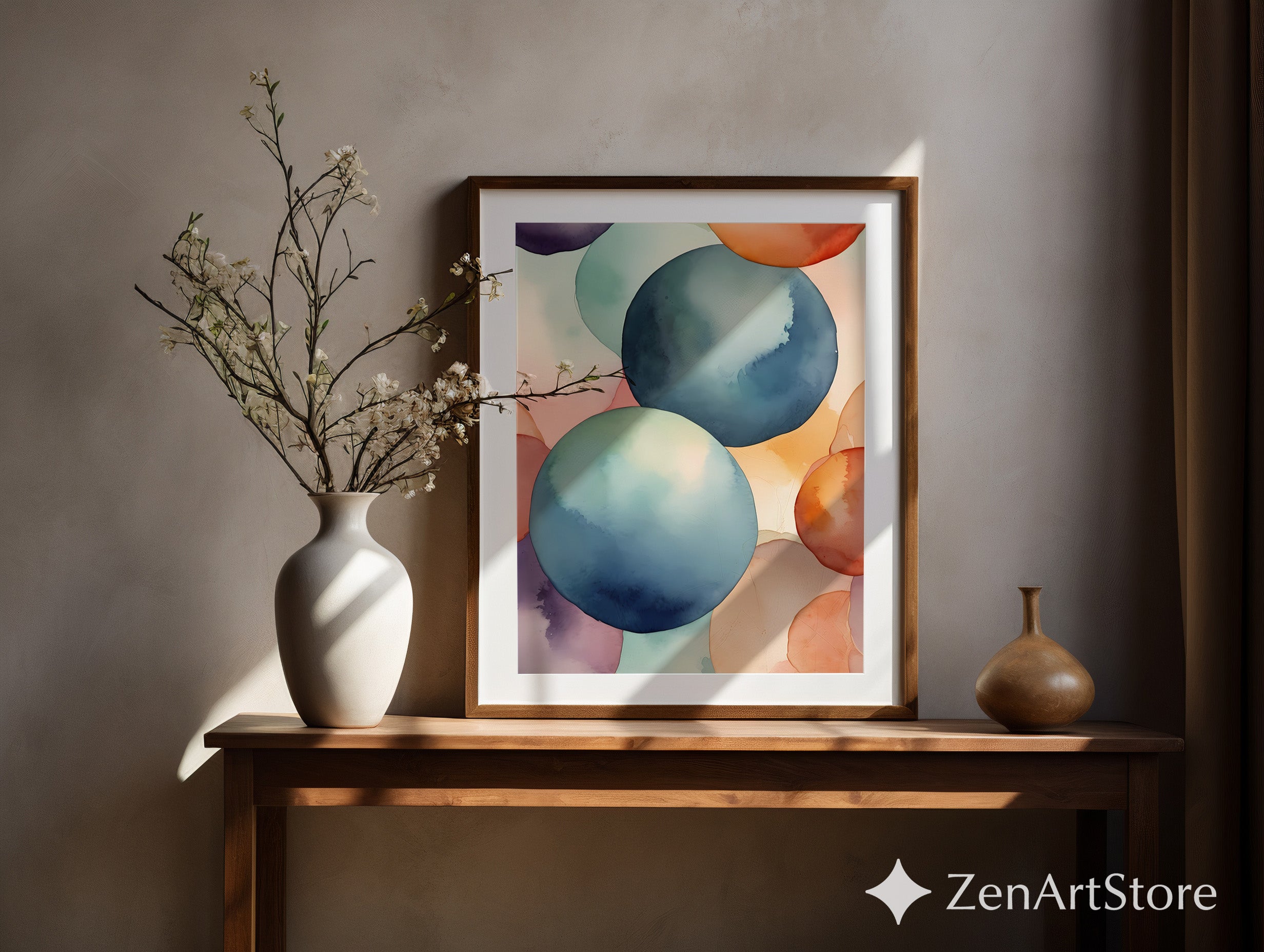 Abstract Watercolor Circles Wall Art - Modern Minimal Japandi Print, Calm Pastel Home Decor, Large Printable Living Room Art