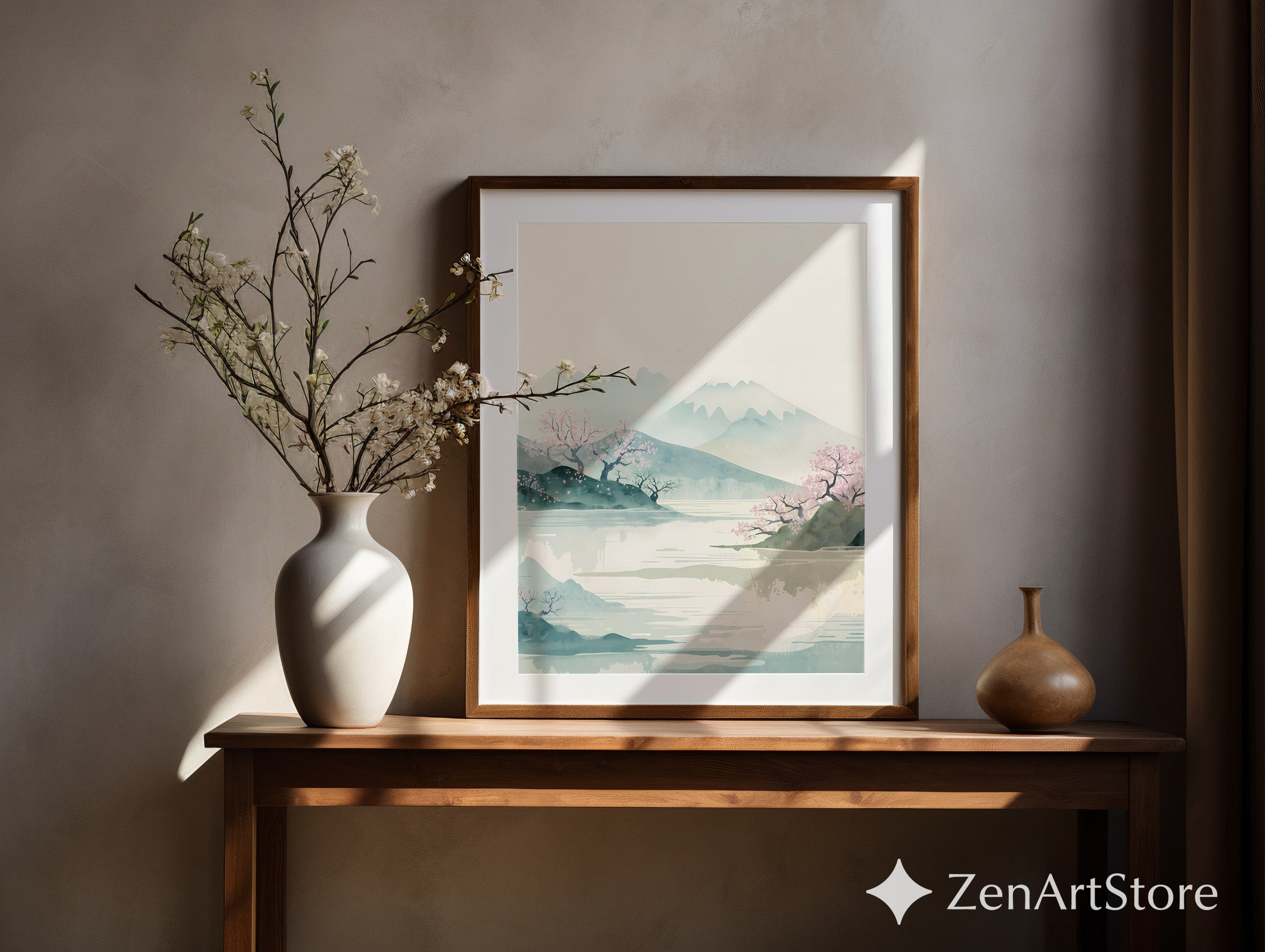 Serene Cherry Blossom Watercolor Landscape Print — Japandi Minimalist Wall Art for Living Room & Bedroom