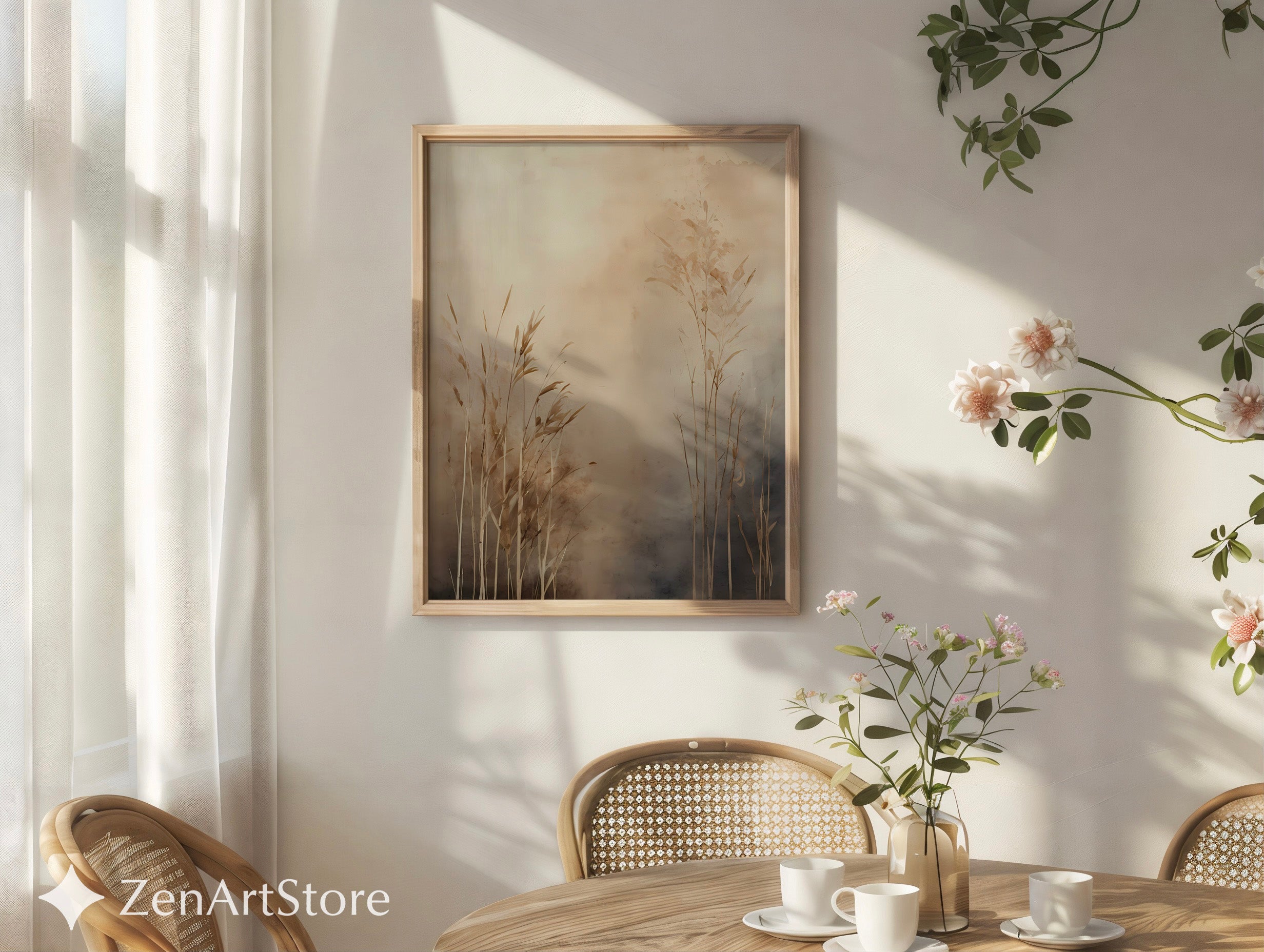 Neutral Botanical Wall Art — Beige Minimal Grass Print, Japandi Wabi Sabi Landscape for Living Room & Bedroom