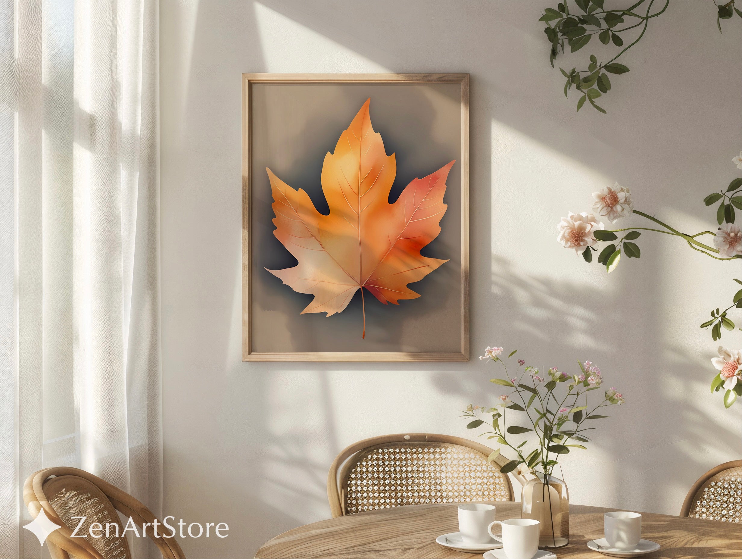 Neutral Autumn Leaf Wall Art - Minimal Maple Leaf Print, Japandi Wabi-Sabi Fall Home Decor, Beige Botanical Wall Art