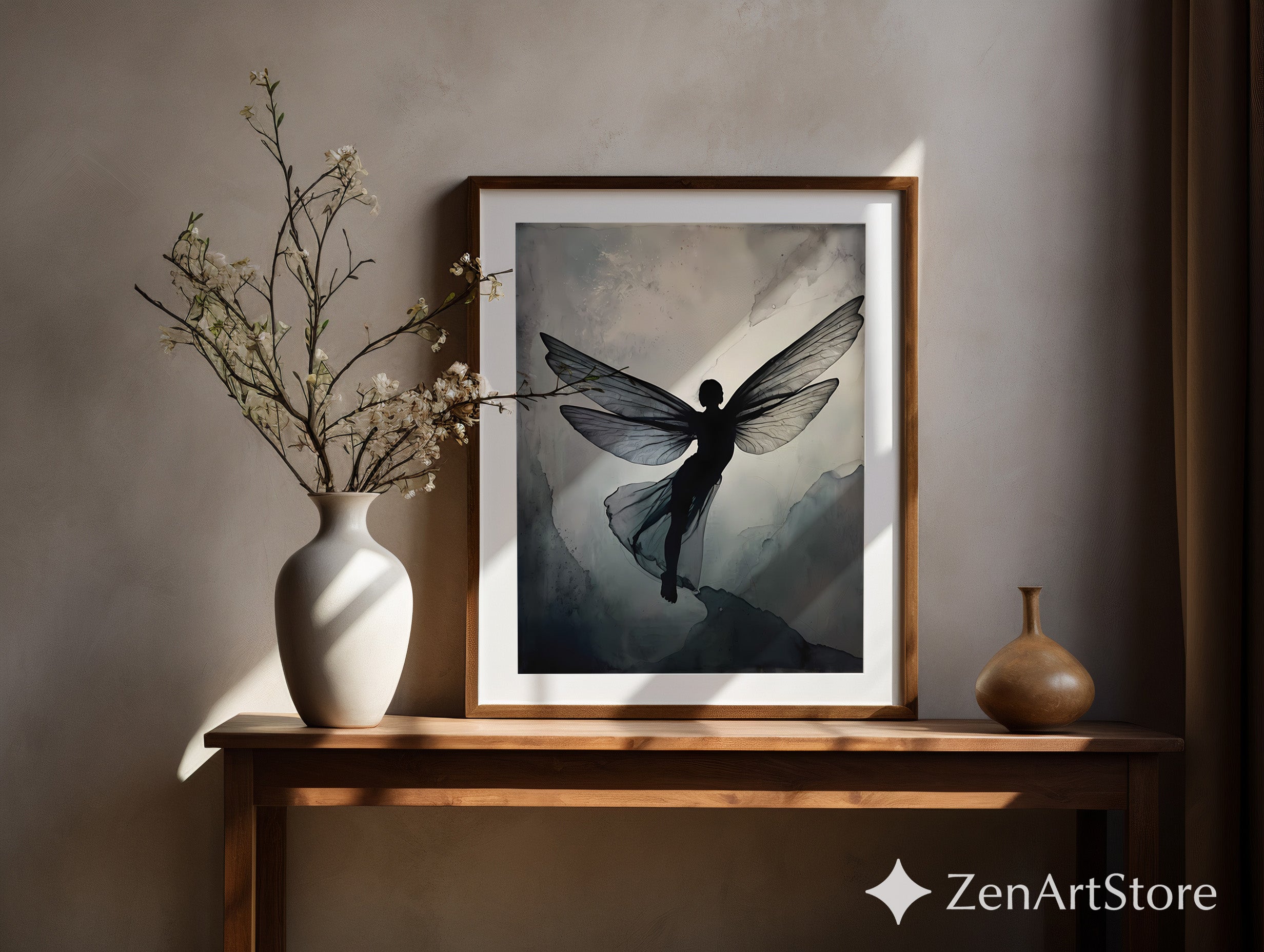 Ethereal Fairy Silhouette Wall Art - Minimal Neutral Wings Print for Japandi Wabi-Sabi Scandinavian Decor