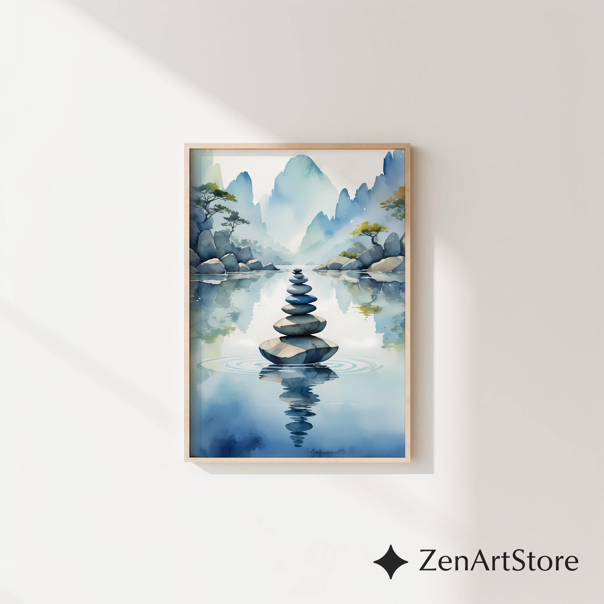 Zen Stone Stack Watercolor Print - Minimal Japandi Landscape Wall Art for Living Room, Bedroom & Meditation Space