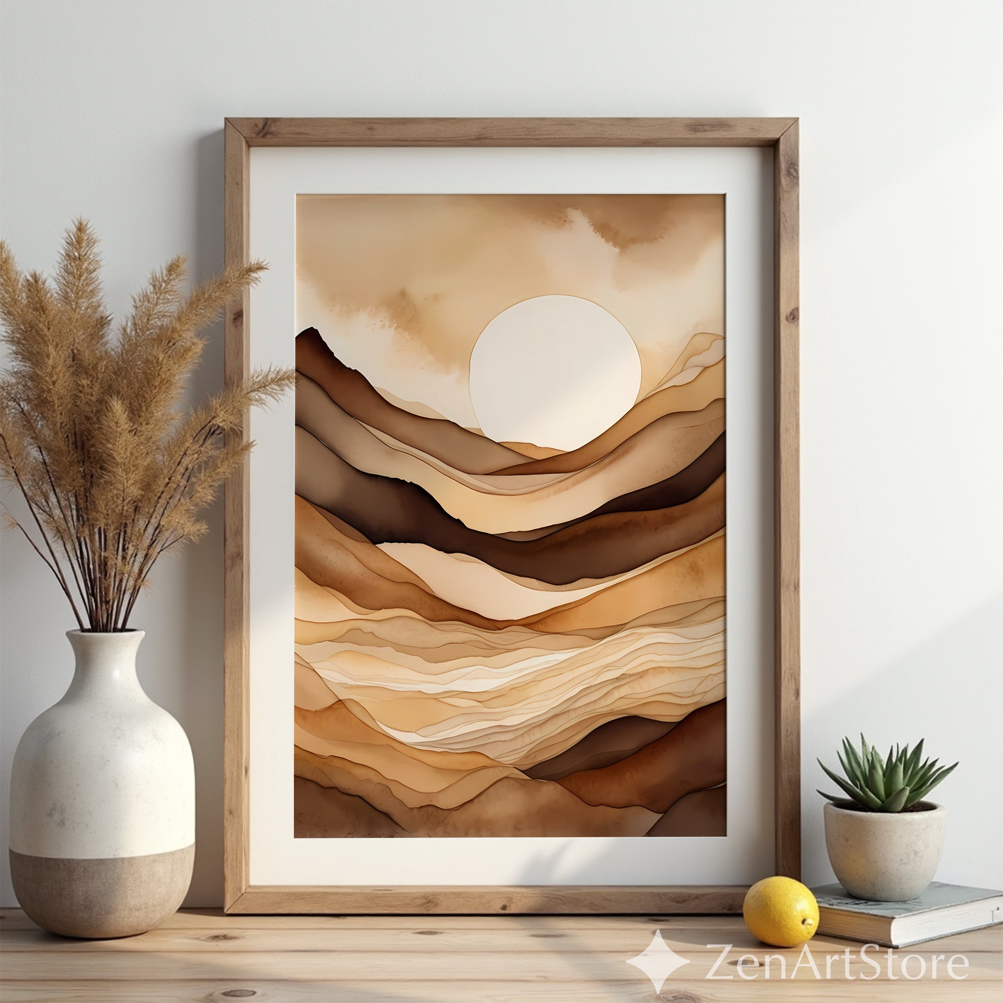 Neutral Abstract Landscape Wall Art - Beige Brown Minimalist Sun Print, Japandi Wabi Sabi Modern Home Decor, Printable or Canvas