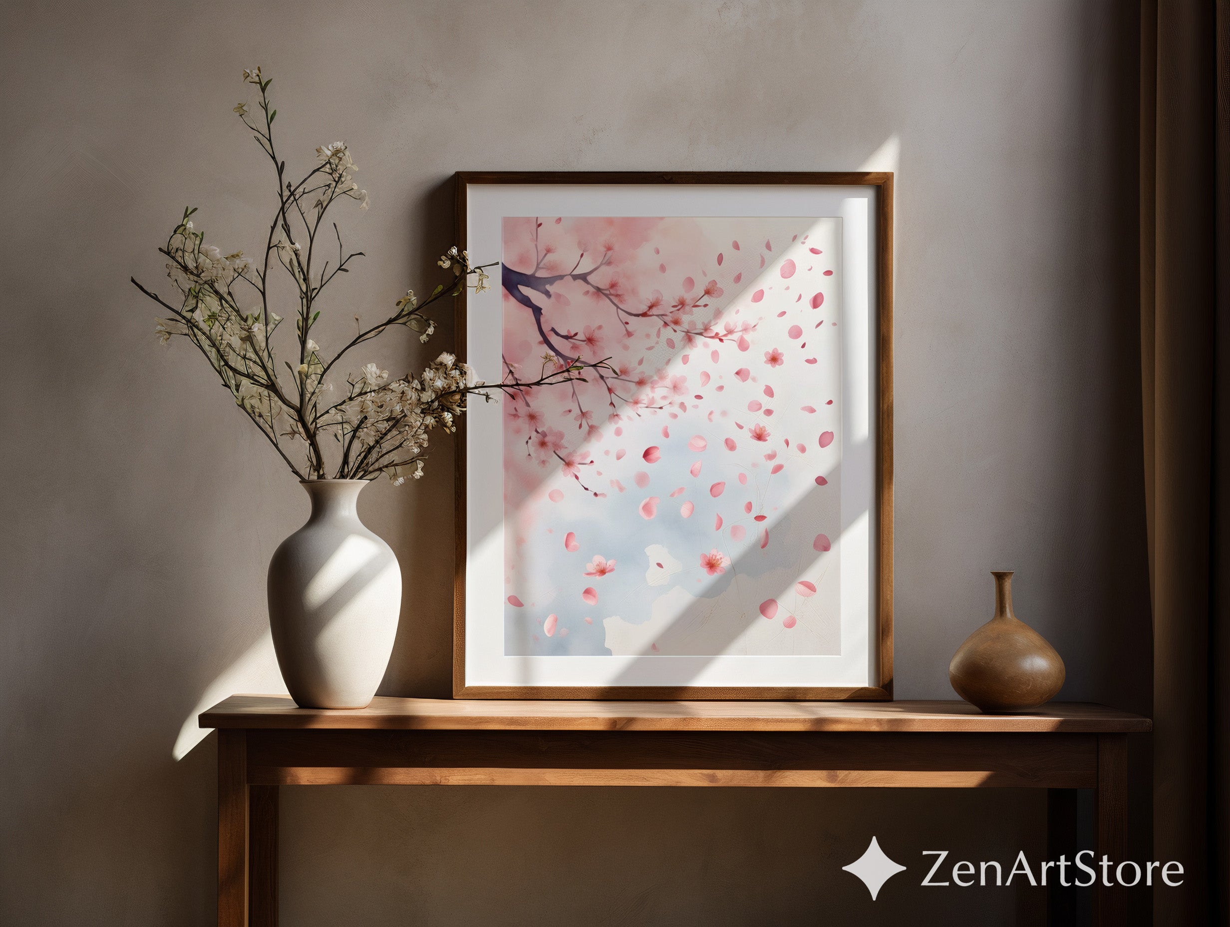 Cherry Blossom Wall Art Print - Soft Pink Sakura Watercolor, Minimal Botanical Home Decor for Japandi, Nursery, Bedroom & Living Room