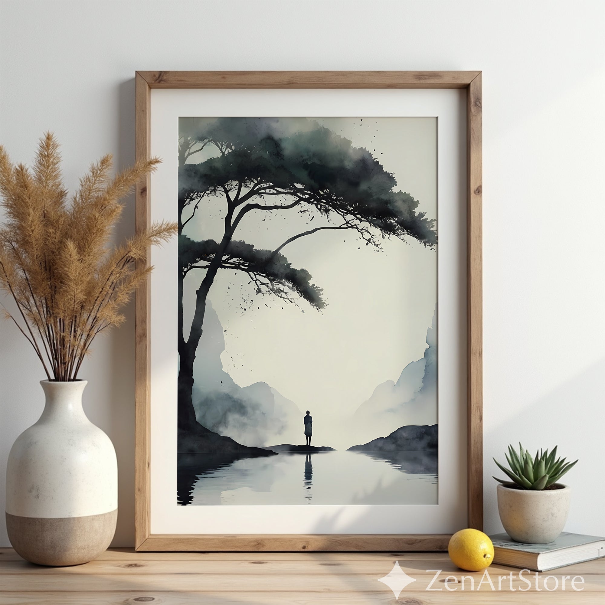 Misty Sumi-e Landscape Print - Zen Minimalist Tree & Solitary Figure Japandi Neutral Wall Art