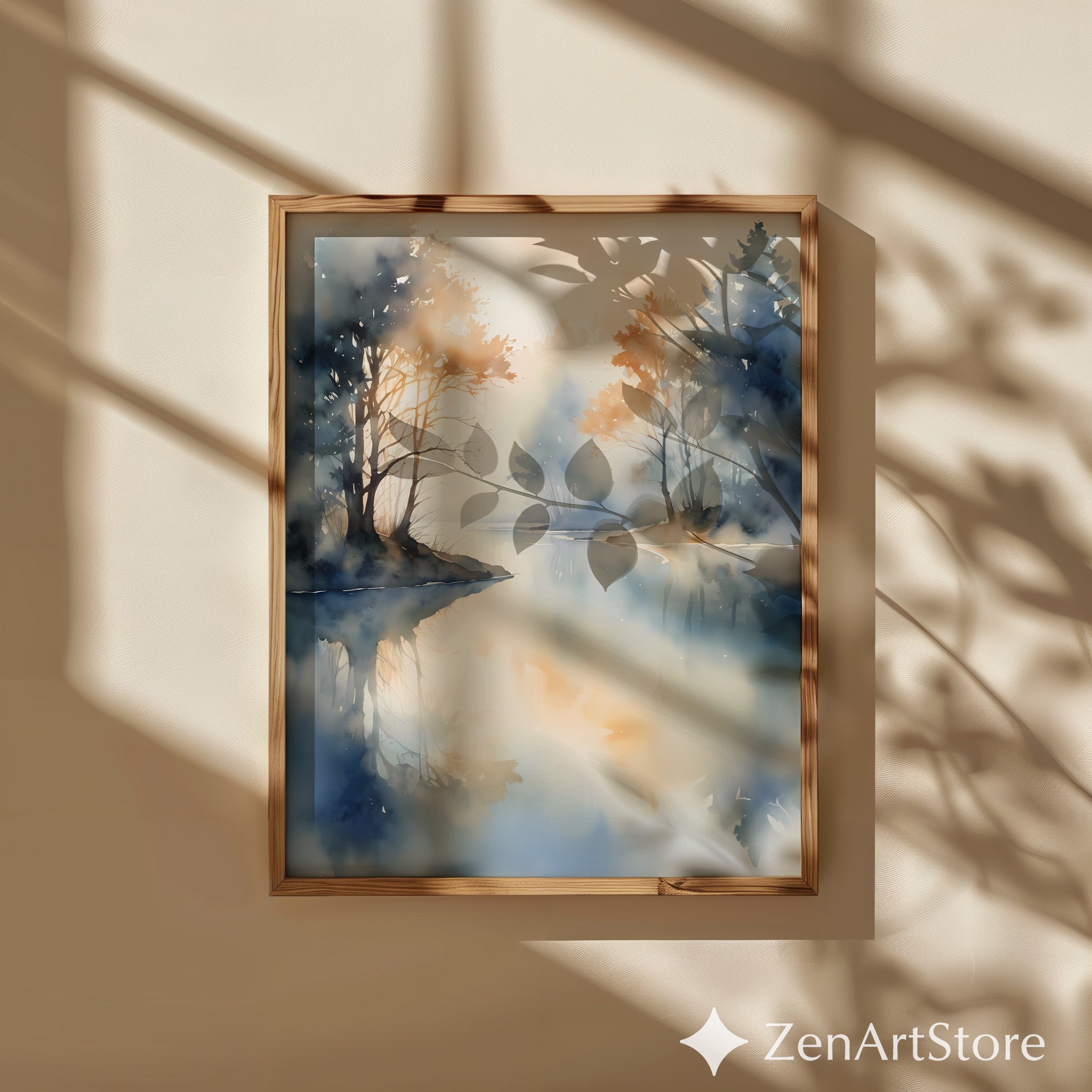 Misty Lake Watercolor Print Calm Minimalist Landscape Wall Art for Living Room Bedroom Japandi Scandinavian Decor