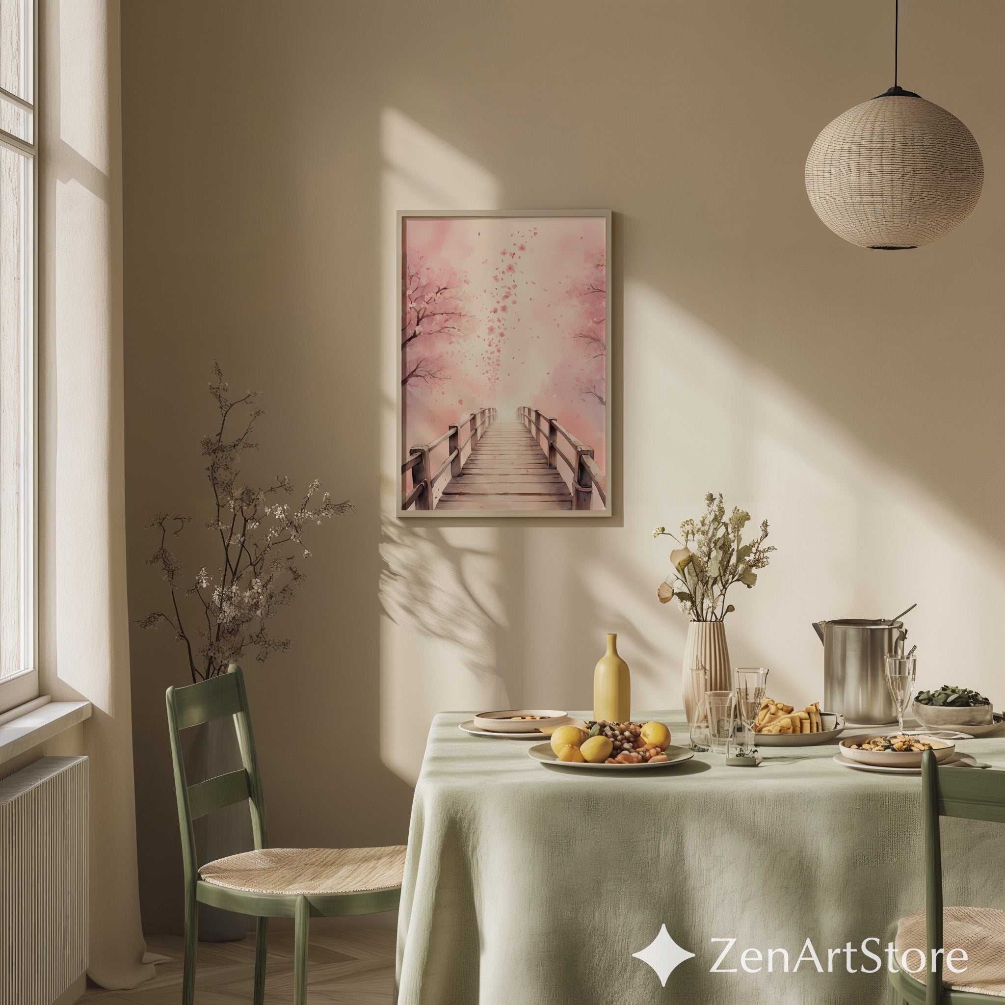 Cherry Blossom Bridge Wall Art - Pink Sakura Canvas Print & Printable, Japandi Minimalist Home Decor