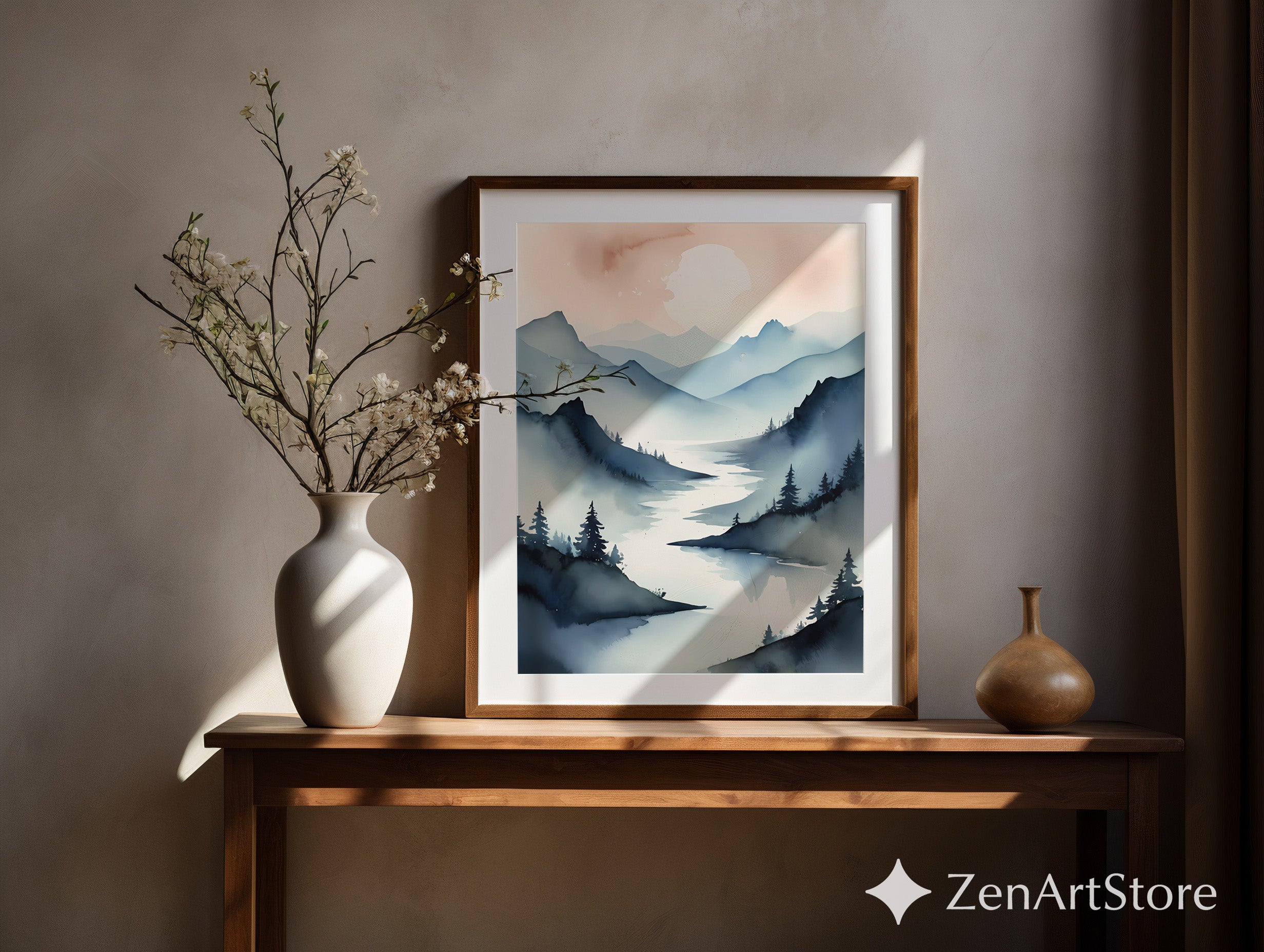 Misty Mountain Watercolor Print - Minimalist Landscape Wall Art, Japandi Scandinavian Calm Neutral Blue Beige Home Decor