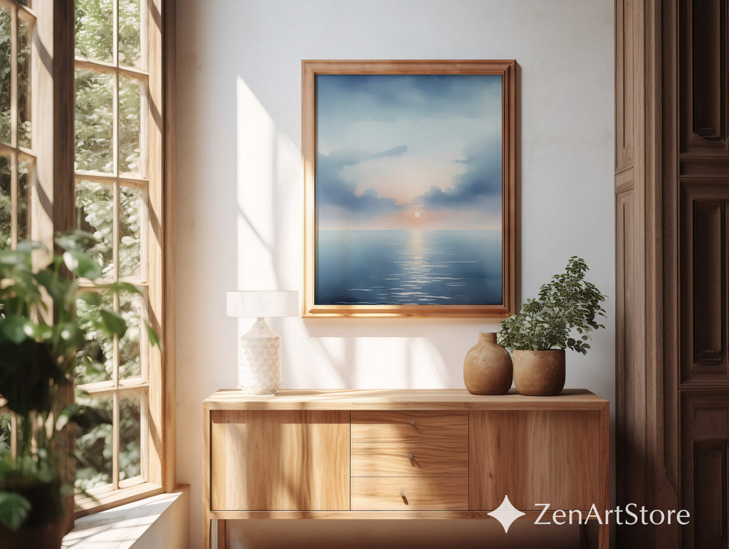 Serene Seascape Sunrise Wall Art - Minimal Ocean Print in Blue & Peach, Zen Japandi Coastal Canvas or Printable
