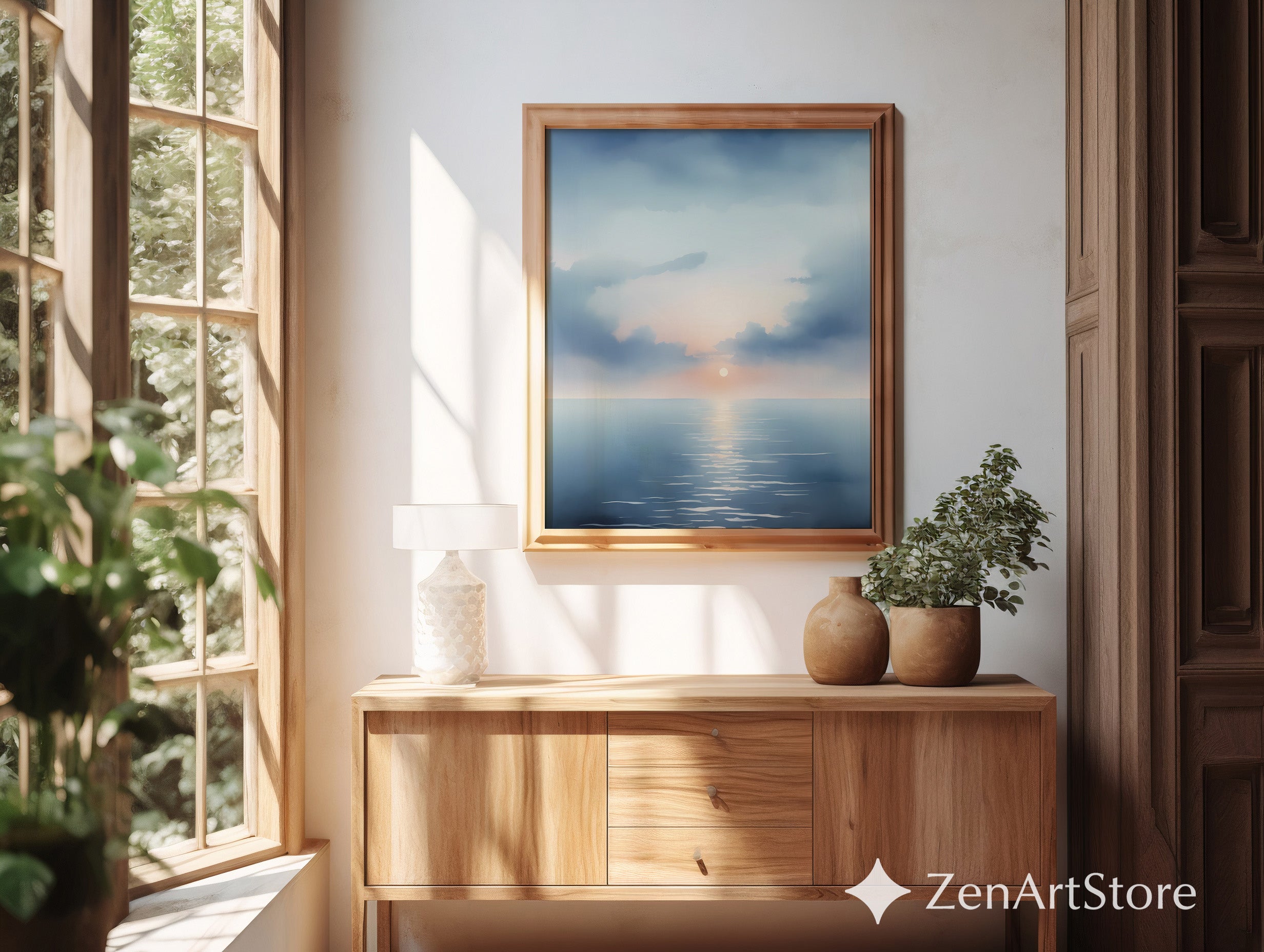 Serene Seascape Sunrise Wall Art - Minimal Ocean Print in Blue & Peach, Zen Japandi Coastal Canvas or Printable