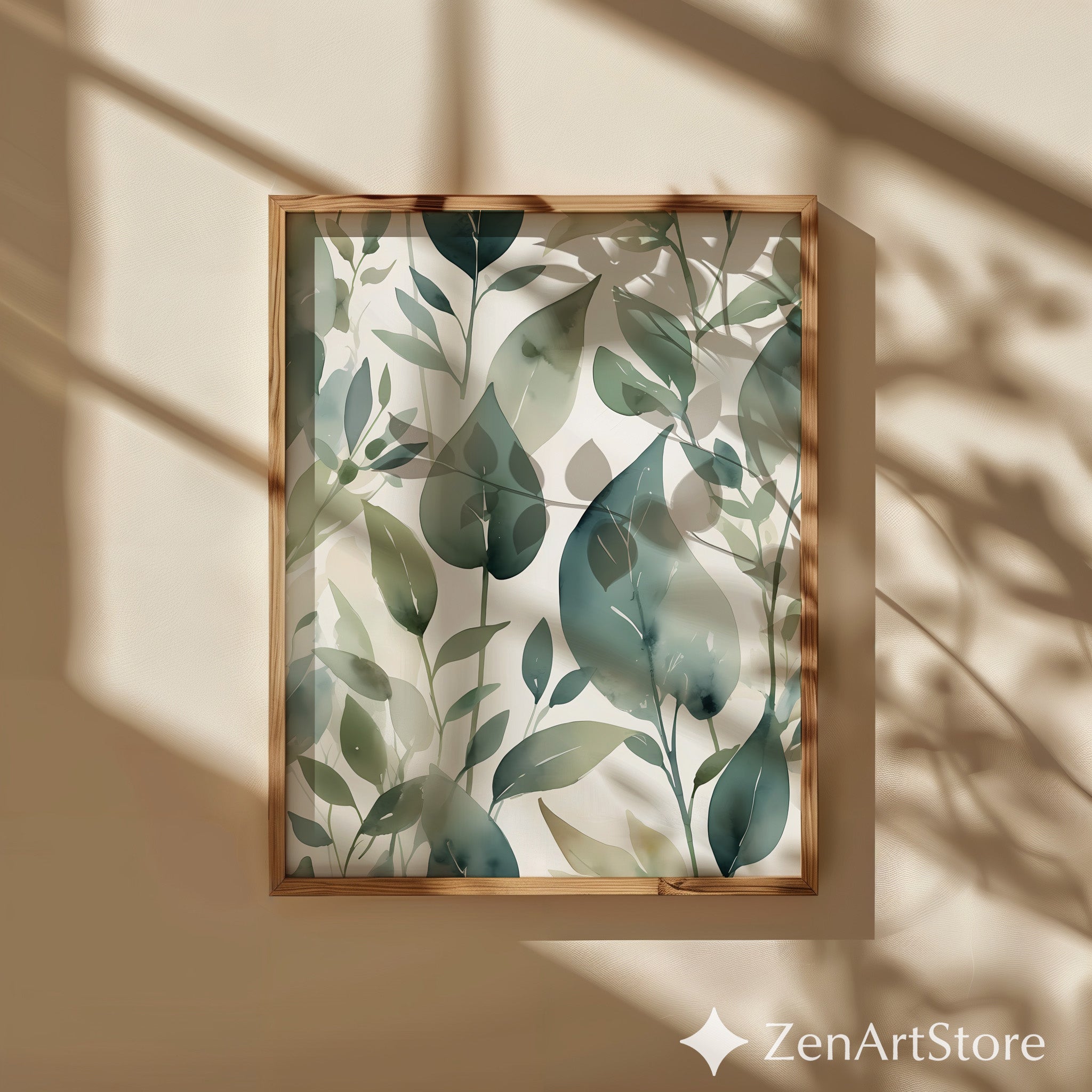 Calming Green Botanical Watercolor Leaf Print - Minimal Neutral Wall Art for Scandinavian Japandi Home Decor